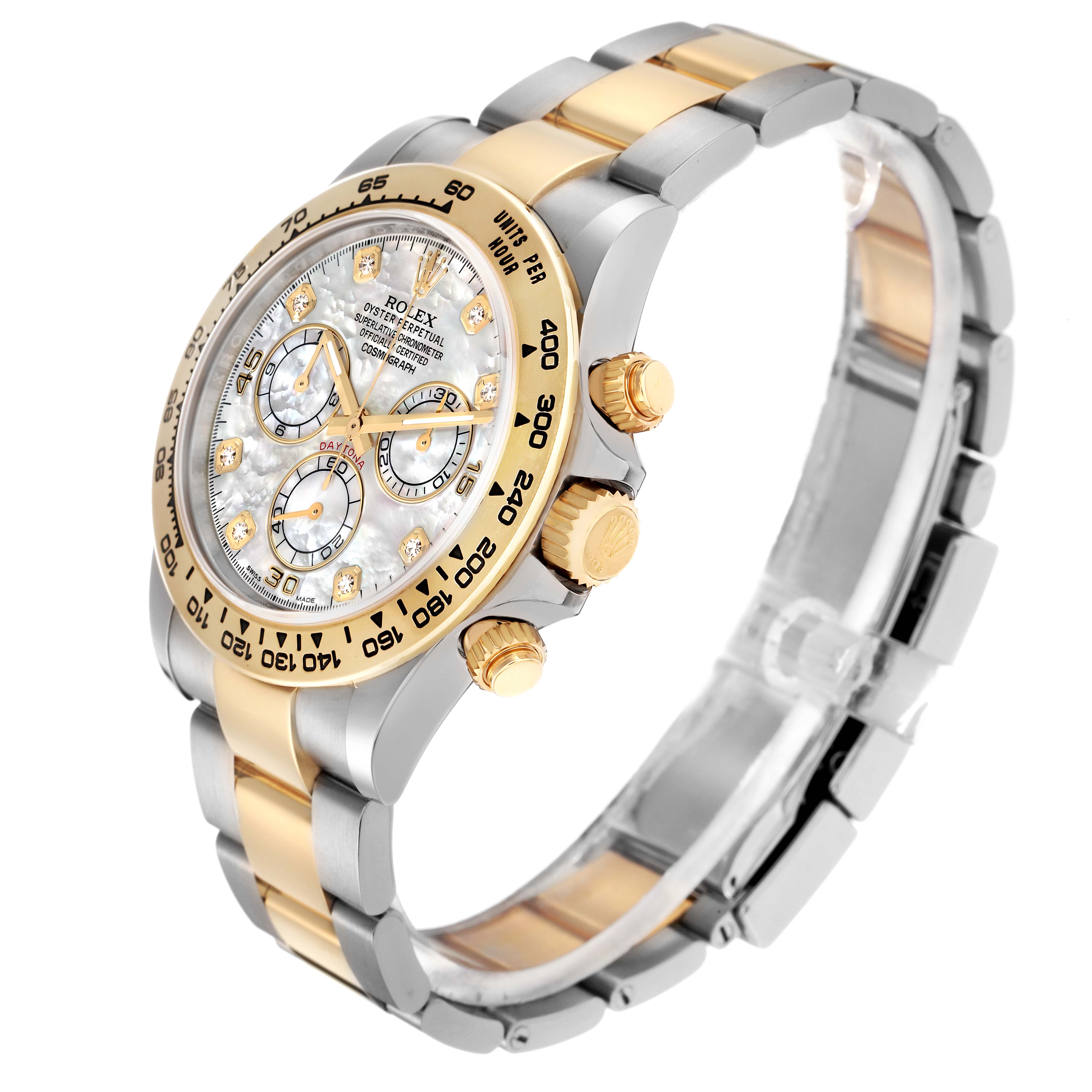 The Rolex Daytona 116503 Men
s Steel and Gold (two tone) Mother of Pearl Dial 116503 Men
s Steel and Gold (two tone) Mother of Pearl Dial watch is shown at a three-quarter angle, highlighting its bracelet, bezel, dial, and crown.