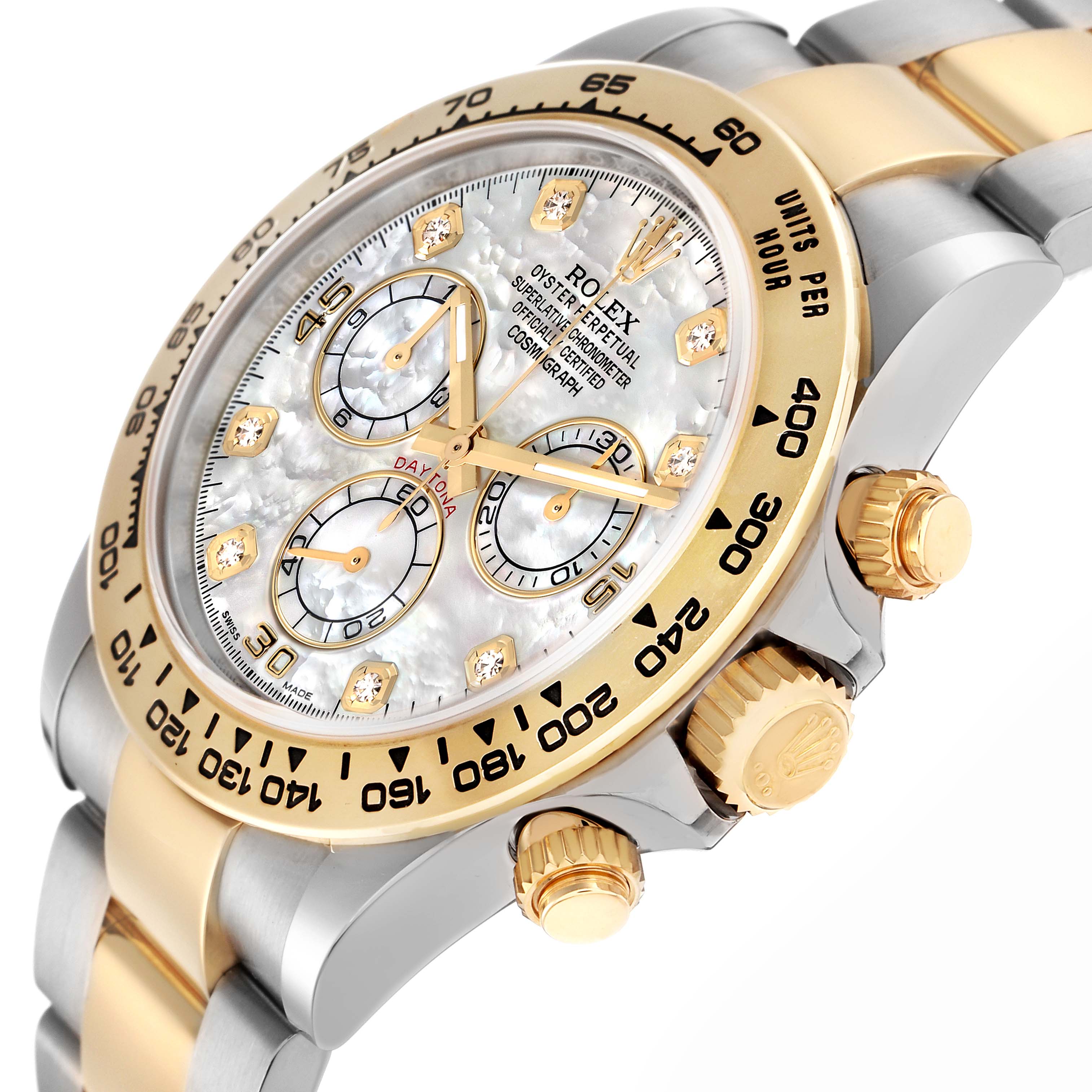 The Rolex Daytona 116503 Men
s Steel and Gold (two tone) Mother of Pearl Dial 116503 Men
s Steel and Gold (two tone) Mother of Pearl Dial watch is shown at an angled view, highlighting the dial, bezel, crown, and part of the bracelet.