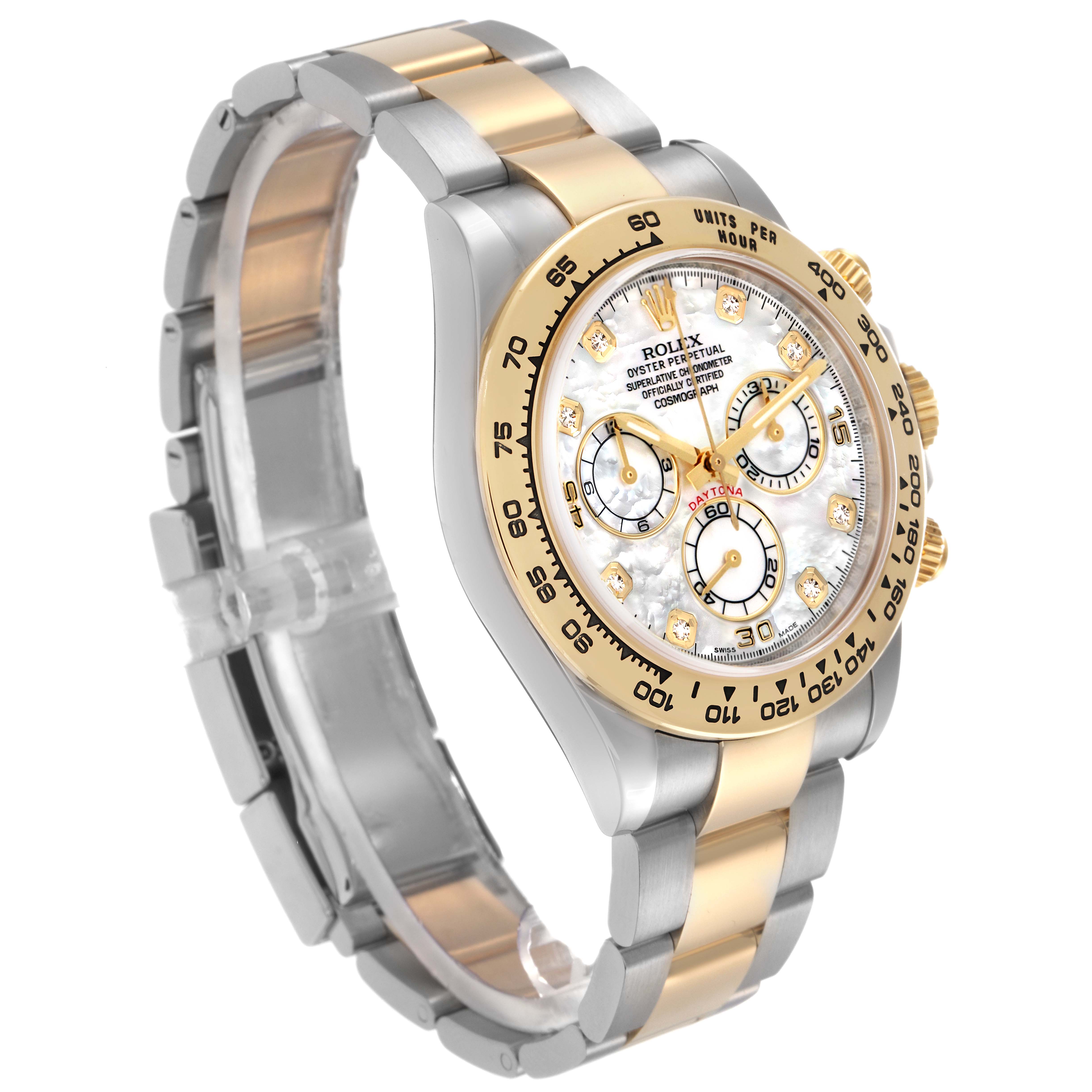 The Rolex Daytona 116503 Men
s Steel and Gold (two tone) Mother of Pearl Dial 116503 Men
s Steel and Gold (two tone) Mother of Pearl Dial watch is shown at an angled side view, displaying its two-tone bracelet, bezel, and dial with subdials.