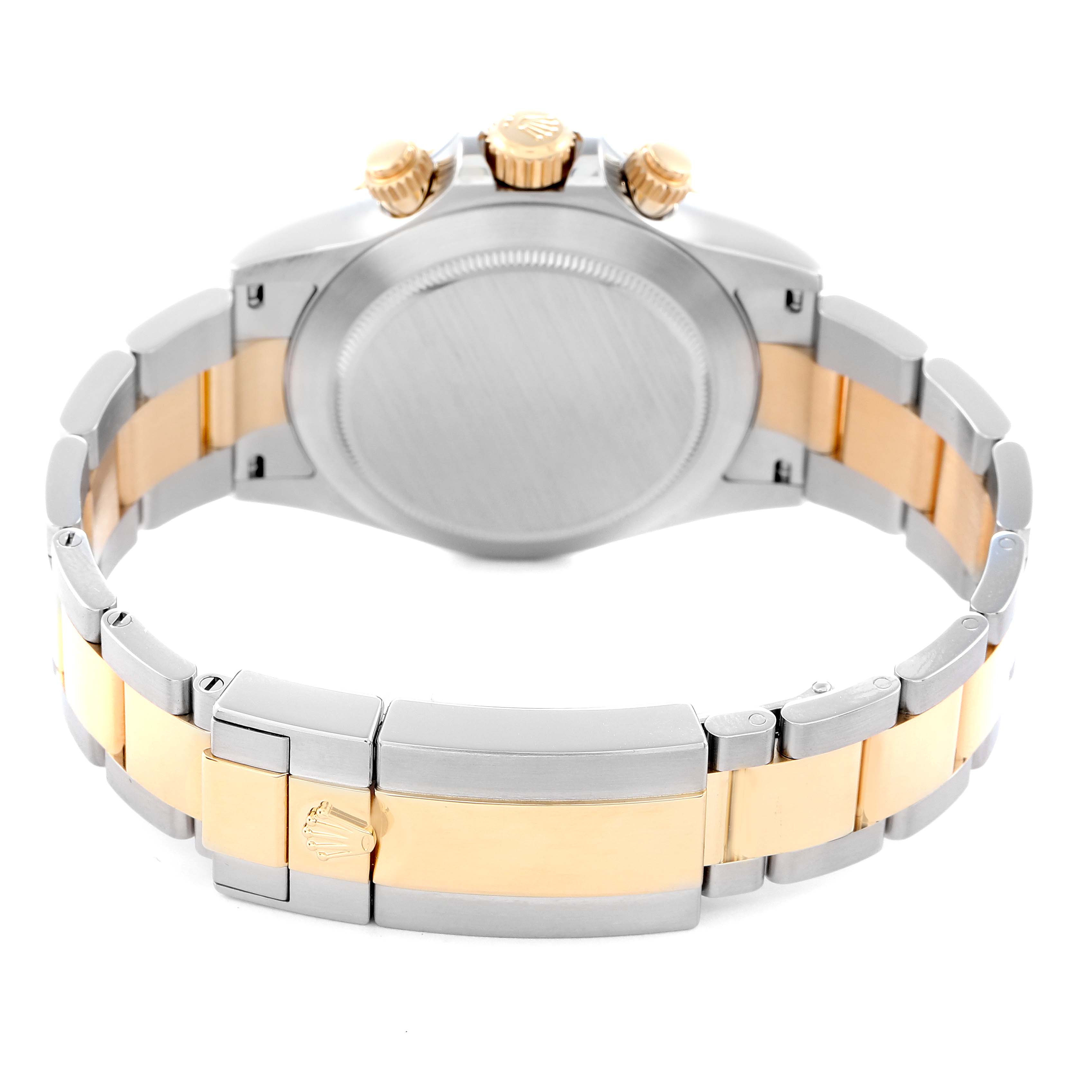 The image shows the back of a Rolex Daytona 116503 Men
s Steel and Gold (two tone) Mother of Pearl Dial 116503 Men
s Steel and Gold (two tone) Mother of Pearl Dial watch, highlighting the clasp, bracelet, and crown from a rear angle.