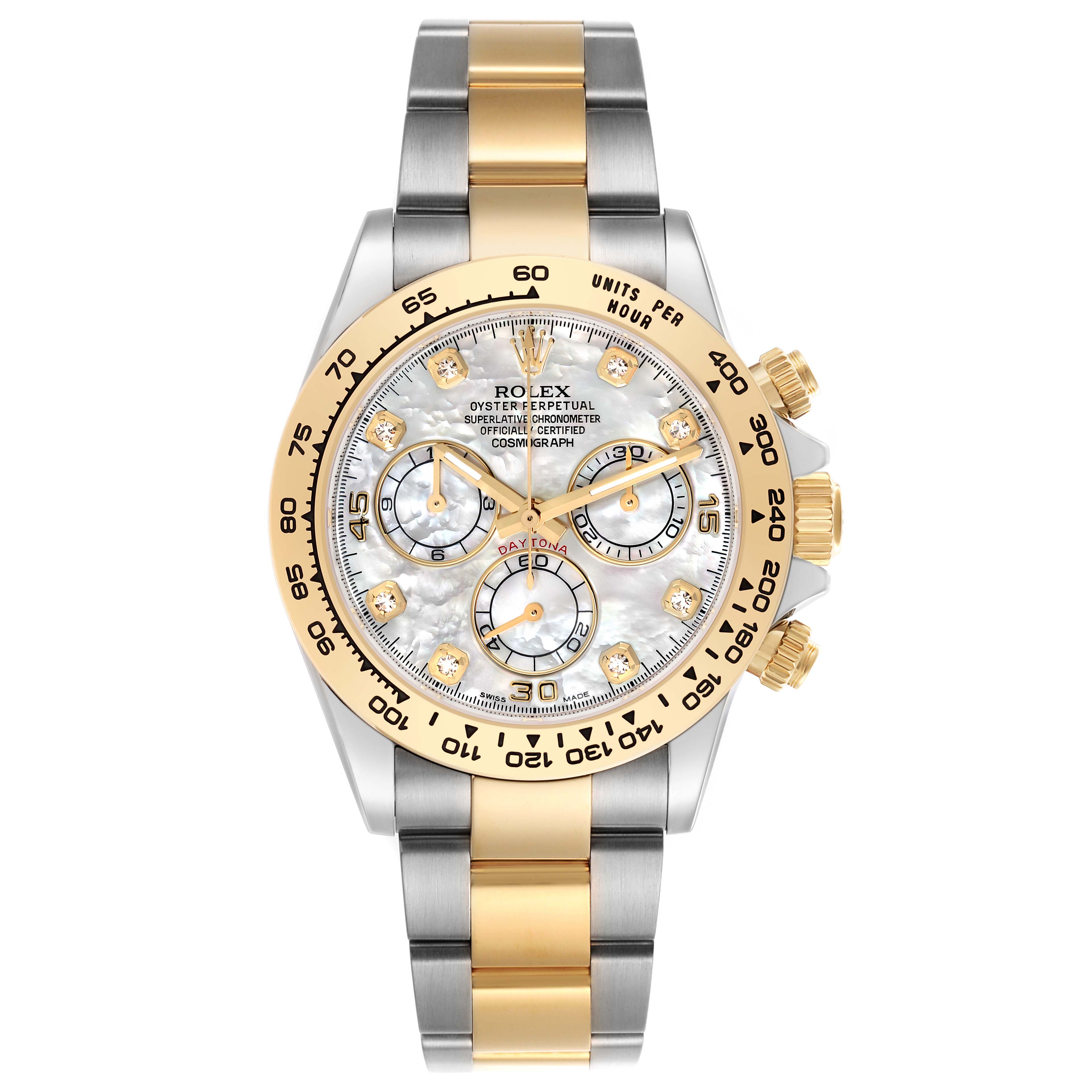 The Rolex Daytona 116503 Men
s Steel and Gold (two tone) Mother of Pearl Dial 116503 Men
s Steel and Gold (two tone) Mother of Pearl Dial watch is shown from a front angle, displaying the dial, bezel, and bracelet.