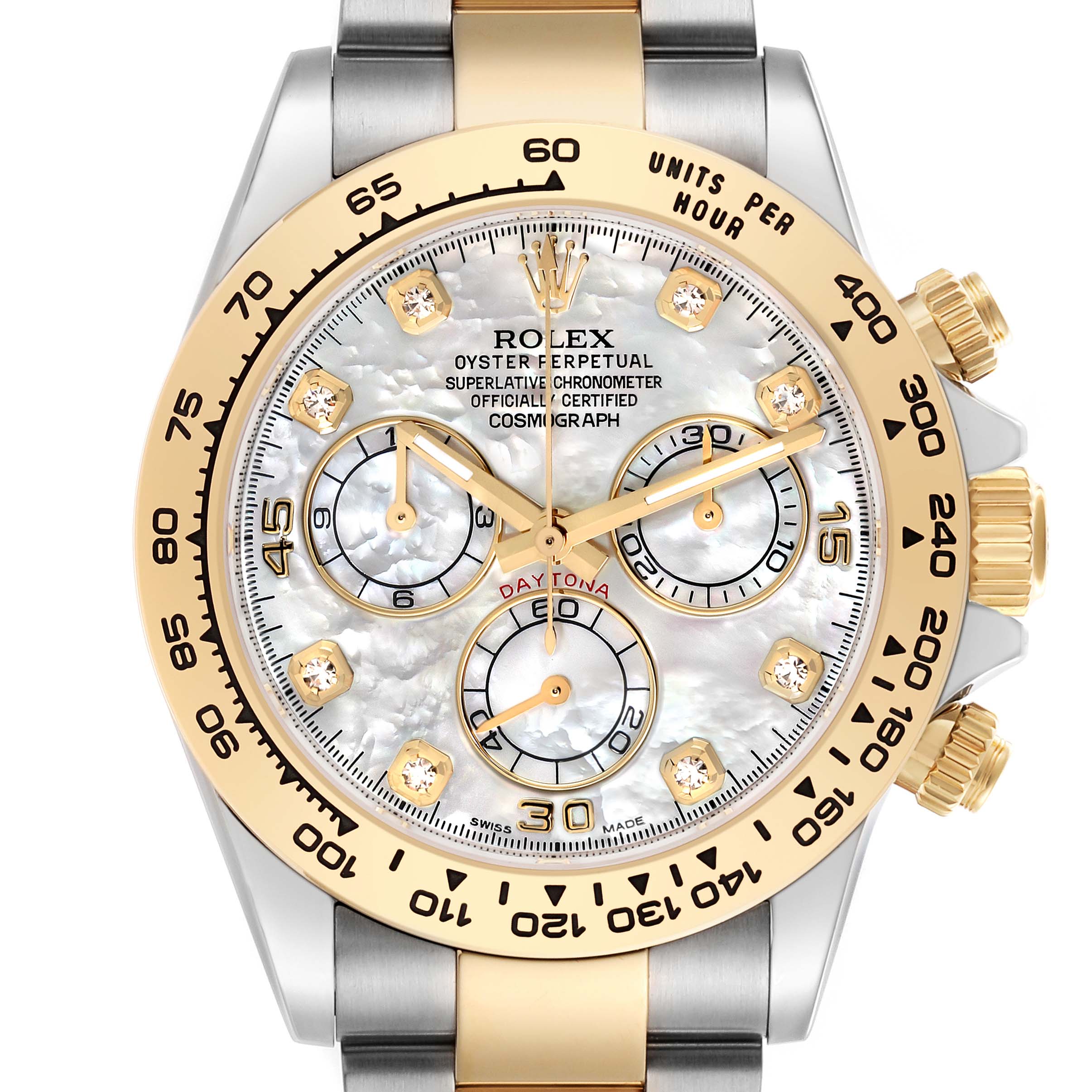 The image shows a front view of a Rolex Daytona 116503 Men
s Steel and Gold (two tone) Mother of Pearl Dial 116503 Men
s Steel and Gold (two tone) Mother of Pearl Dial watch, highlighting the bezel, dial, sub-dials, and crown.