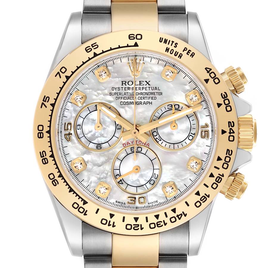 The image shows a front view of a Rolex Daytona watch, highlighting the bezel, dial, sub-dials, and crown.