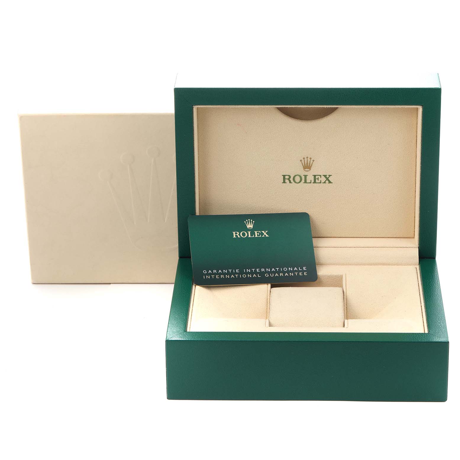 The image shows the open packaging of a Rolex Daytona 116503 Men
s Steel and Gold (two tone) Mother of Pearl Dial 116503 Men
s Steel and Gold (two tone) Mother of Pearl Dial, featuring the box and guarantee card displayed from a front angle.