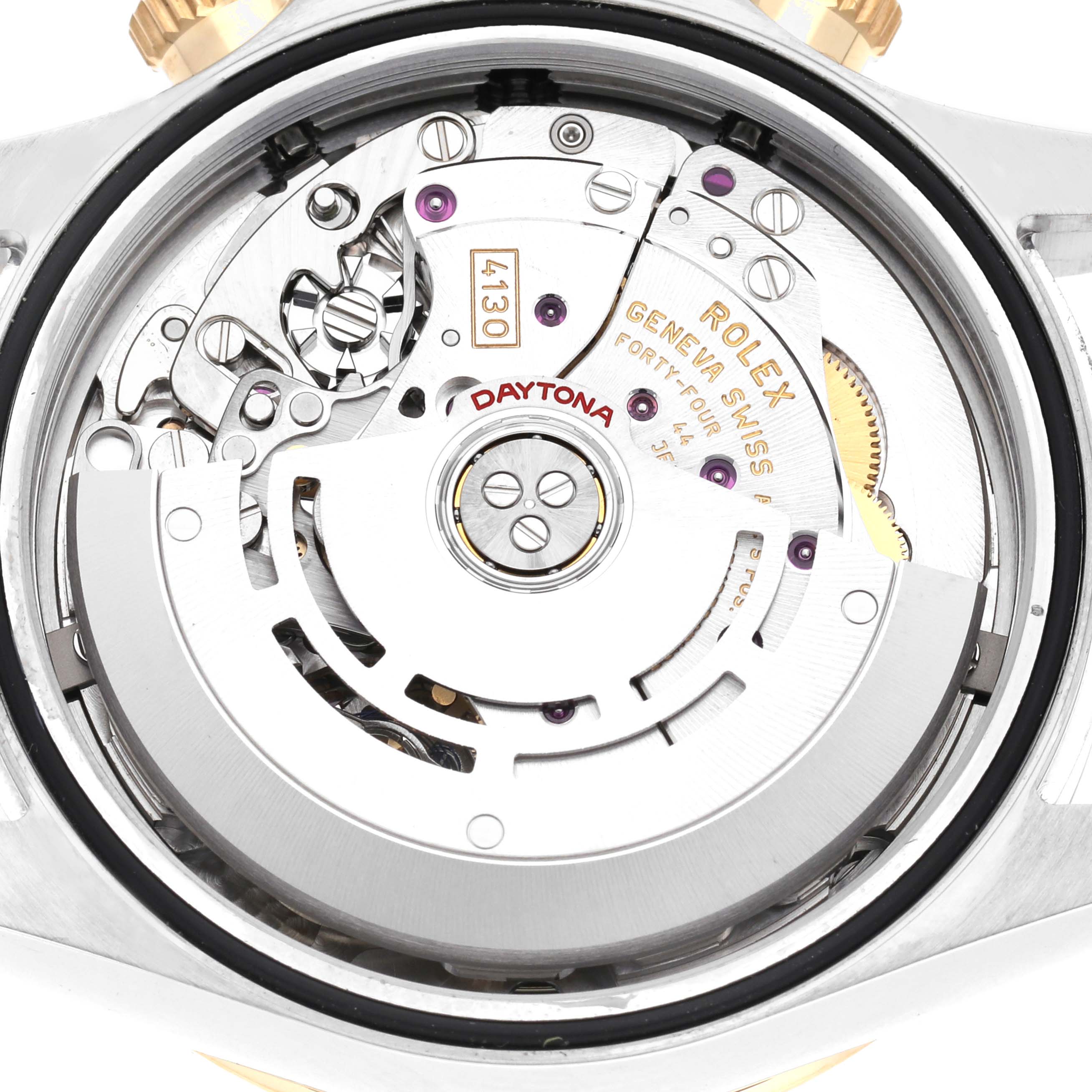 This image shows the movement mechanism of a Rolex Daytona 116503 Men
s Steel and Gold (two tone) Mother of Pearl Dial 116503 Men
s Steel and Gold (two tone) Mother of Pearl Dial watch, viewed from the back.