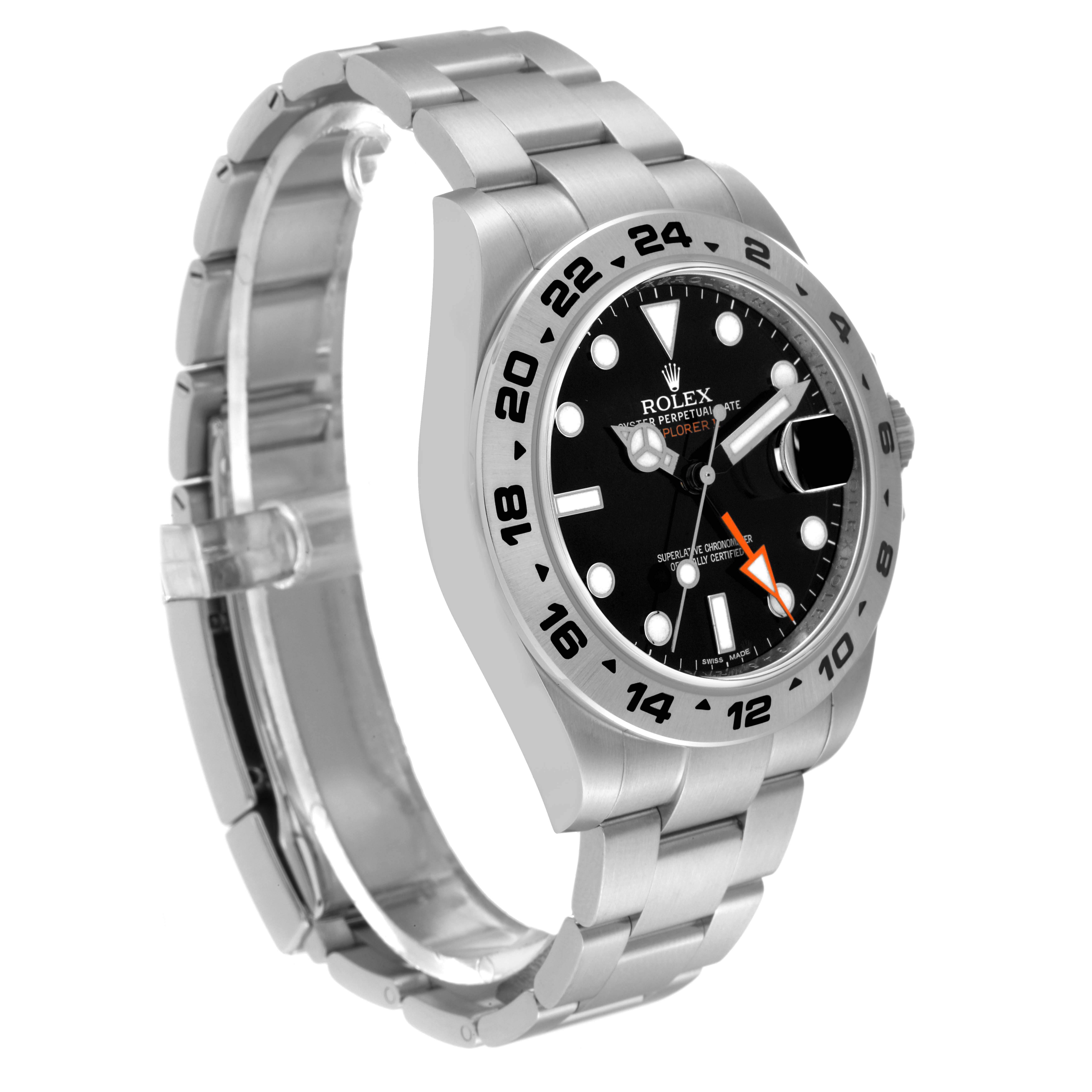 The Rolex Explorer 216570 Men's Stainless Steel Black Dial 216570 Men's Stainless Steel Black Dial watch is shown at a slight angle, highlighting the watch face, bezel, and part of the bracelet.