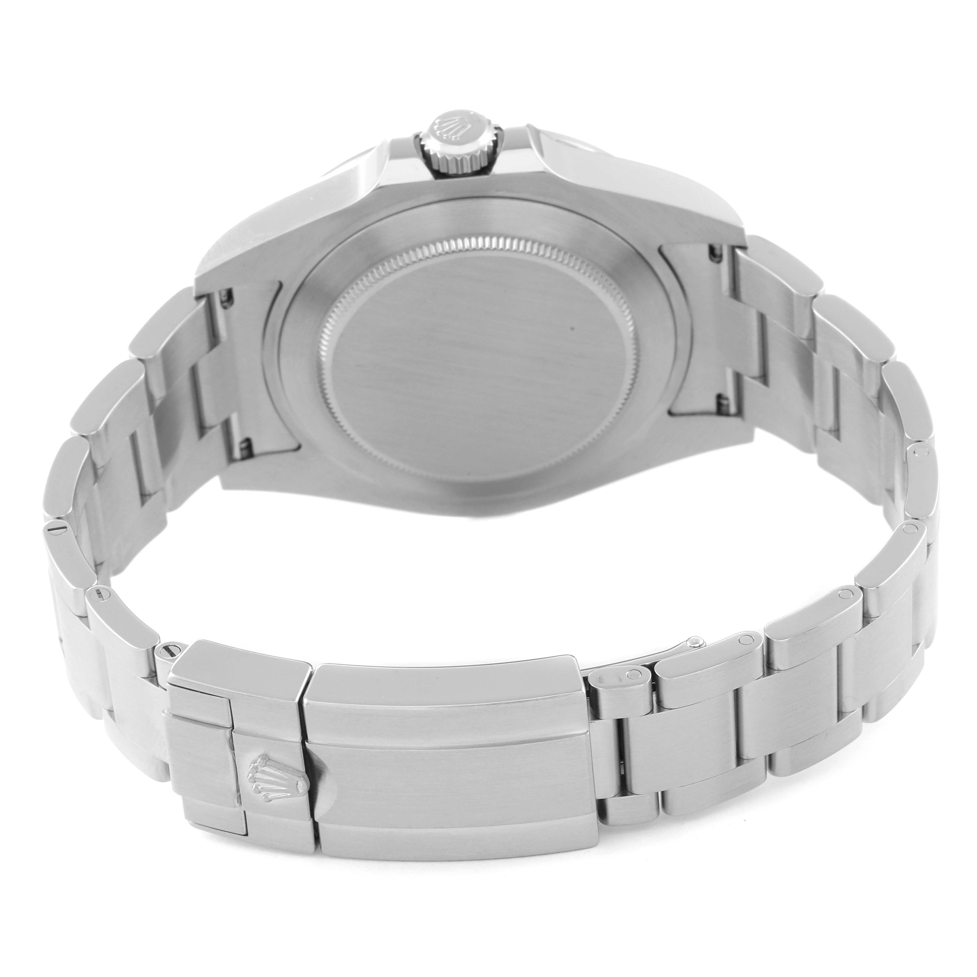 This image shows the back case, crown, and bracelet of a Rolex Explorer 216570 Men's Stainless Steel Black Dial 216570 Men's Stainless Steel Black Dial watch.