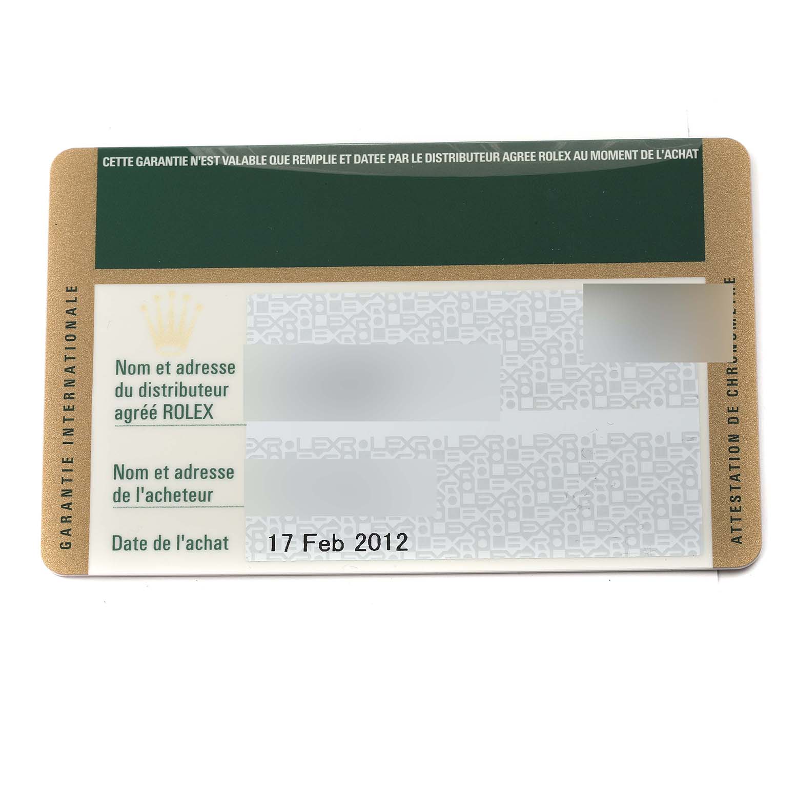 The image shows the warranty card for a Rolex Explorer 216570 Men's Stainless Steel Black Dial 216570 Men's Stainless Steel Black Dial watch, displaying purchase date and other details.