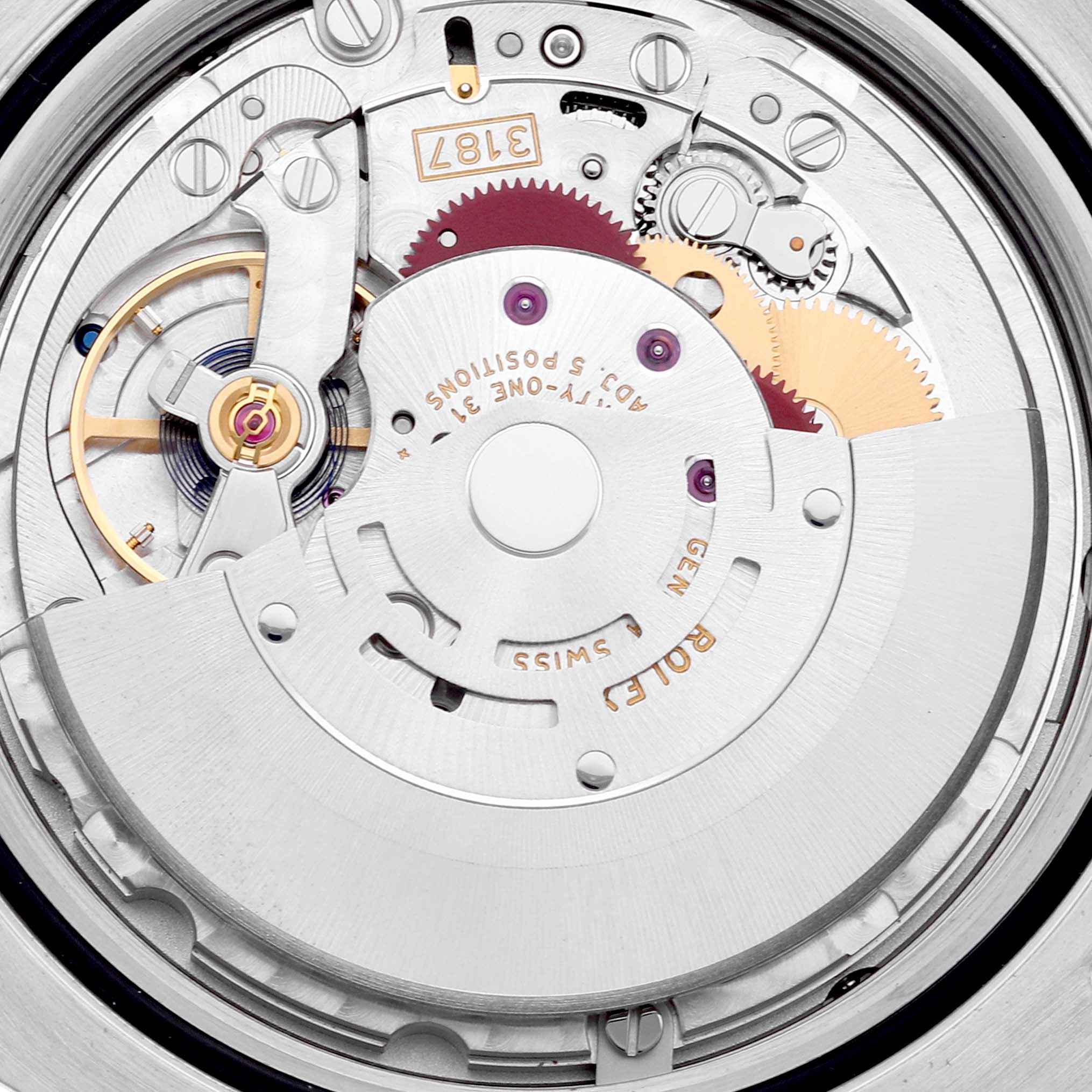 This is a close-up shot of the movement mechanism of a Rolex Explorer 216570 Men's Stainless Steel Black Dial 216570 Men's Stainless Steel Black Dial watch.