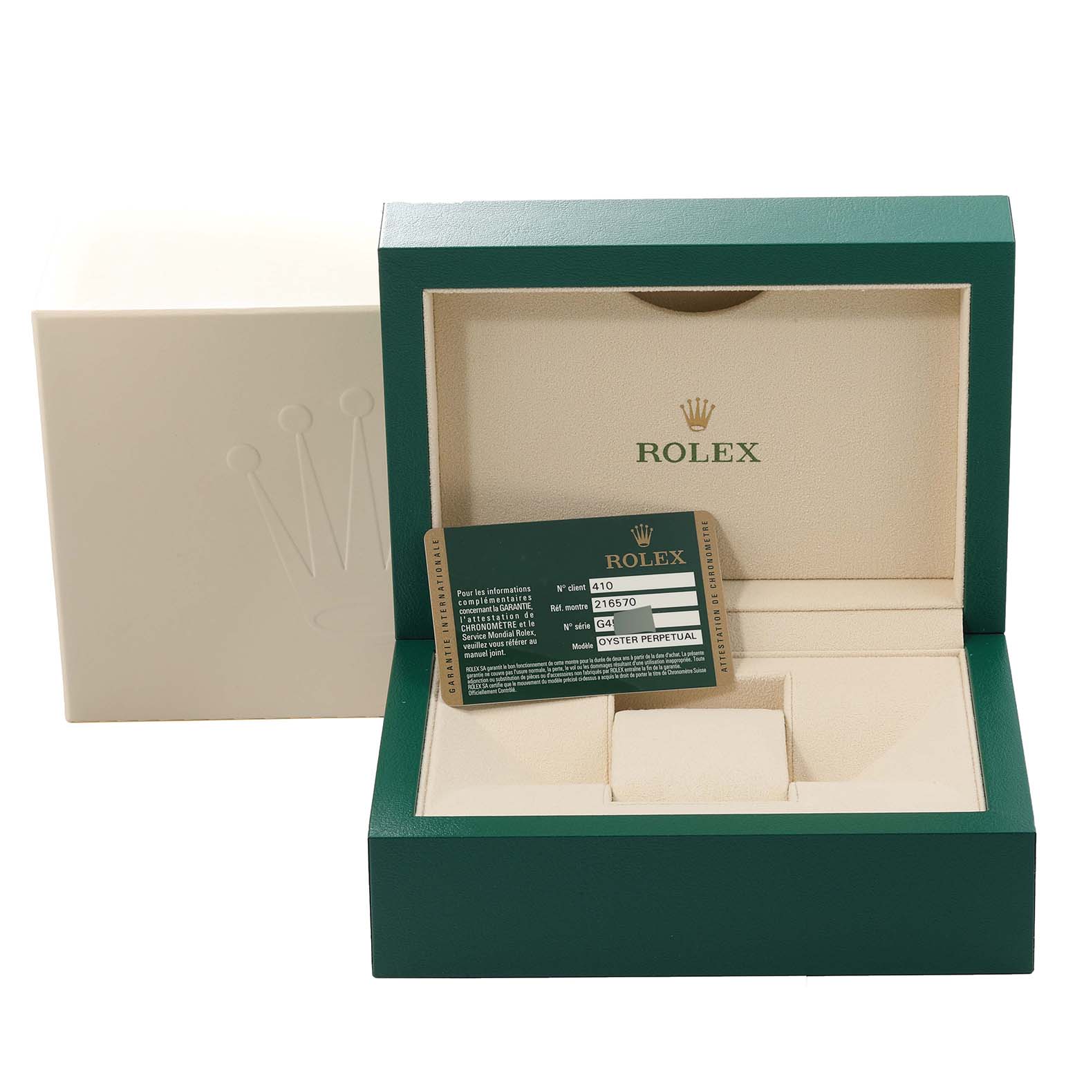 The image shows an open Rolex Explorer 216570 Men's Stainless Steel Black Dial 216570 Men's Stainless Steel Black Dial watch box with an authenticity card displayed, viewed from the front.