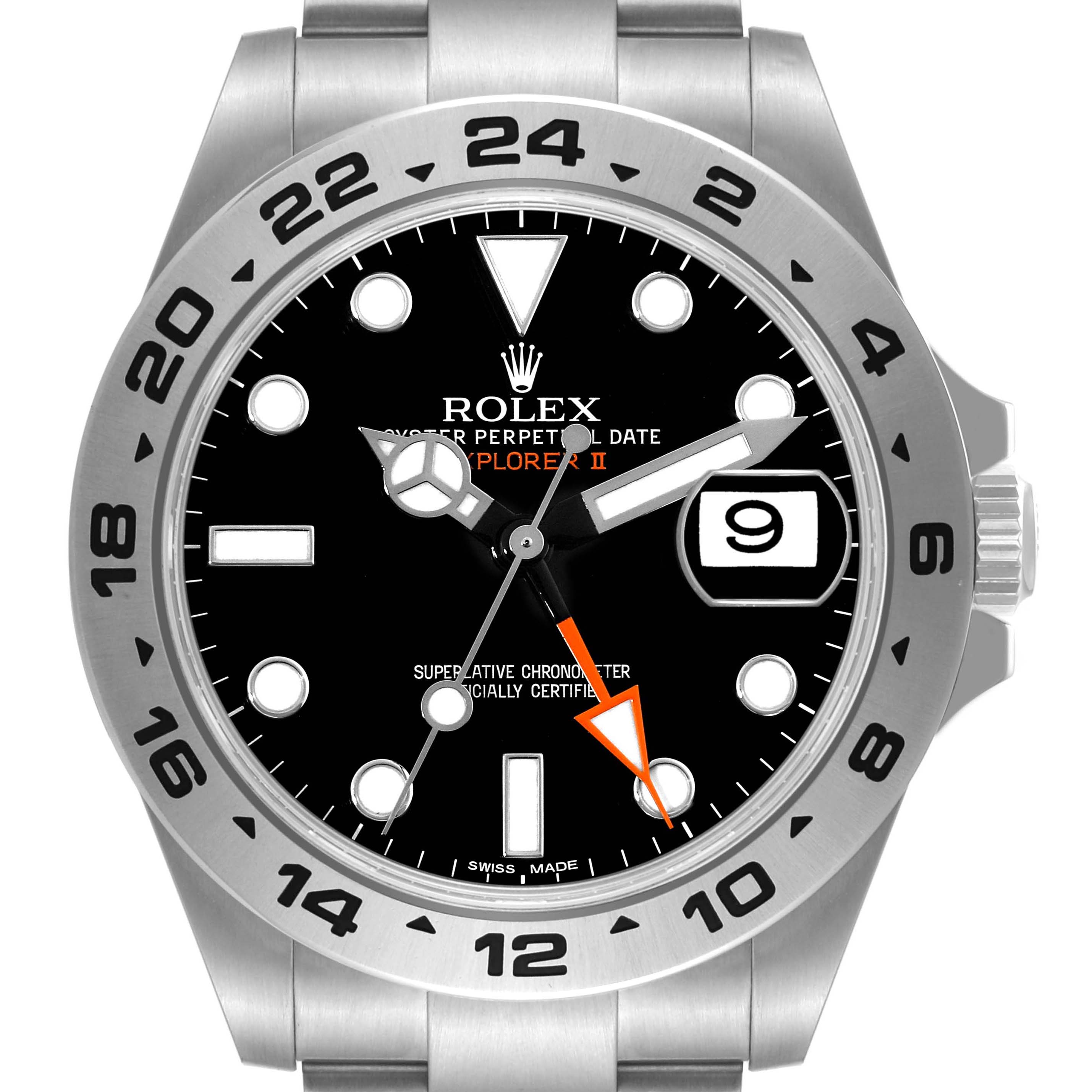 This image is a close-up frontal view of a Rolex Explorer 216570 Men
s Stainless Steel Black Dial 216570 Men
s Stainless Steel Black Dial watch, clearly displaying its dial, bezel, and crown.