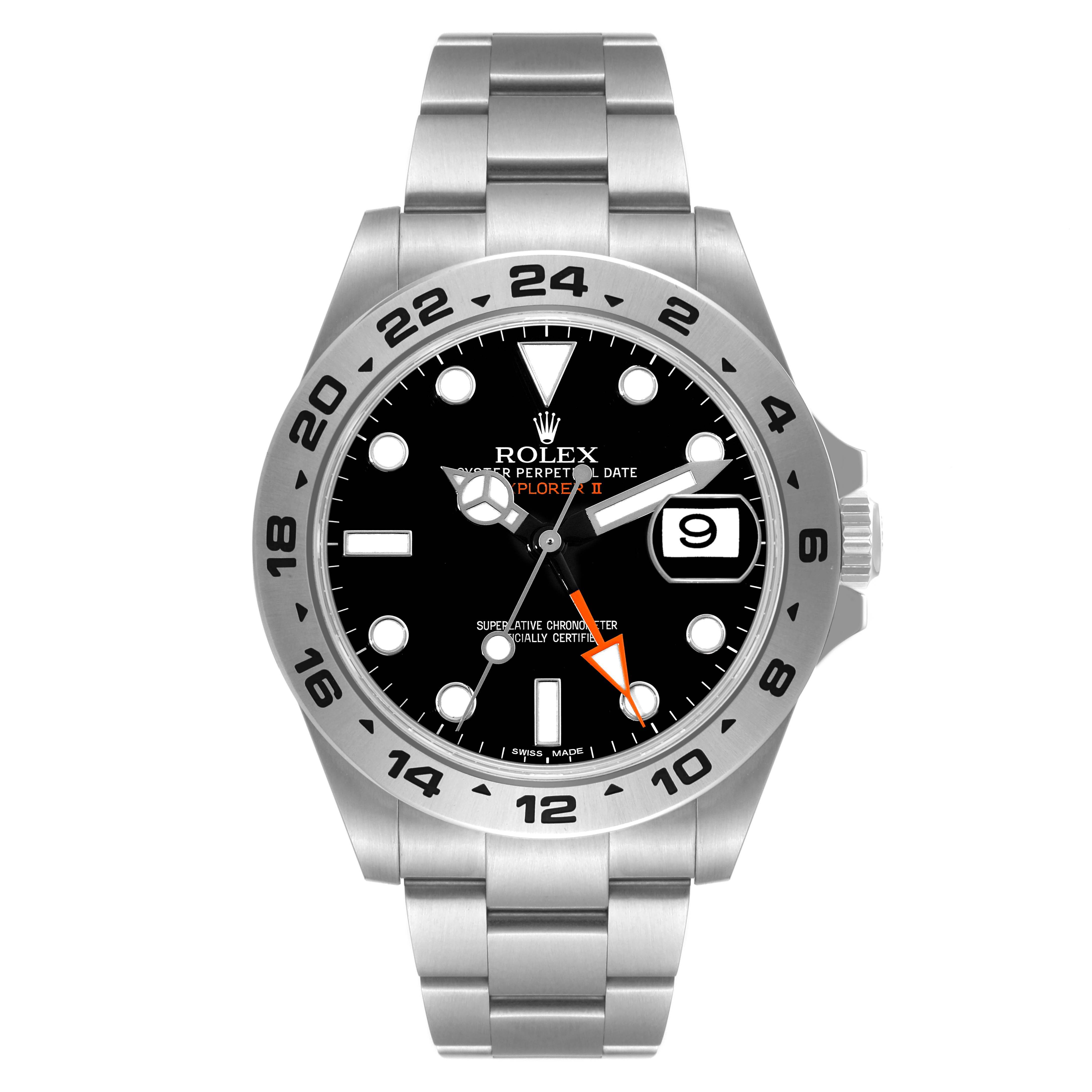 The Rolex Explorer 216570 Men
s Stainless Steel Black Dial 216570 Men
s Stainless Steel Black Dial model watch is shown in a front view, displaying the face, bezel, hands, bracelet, and crown.