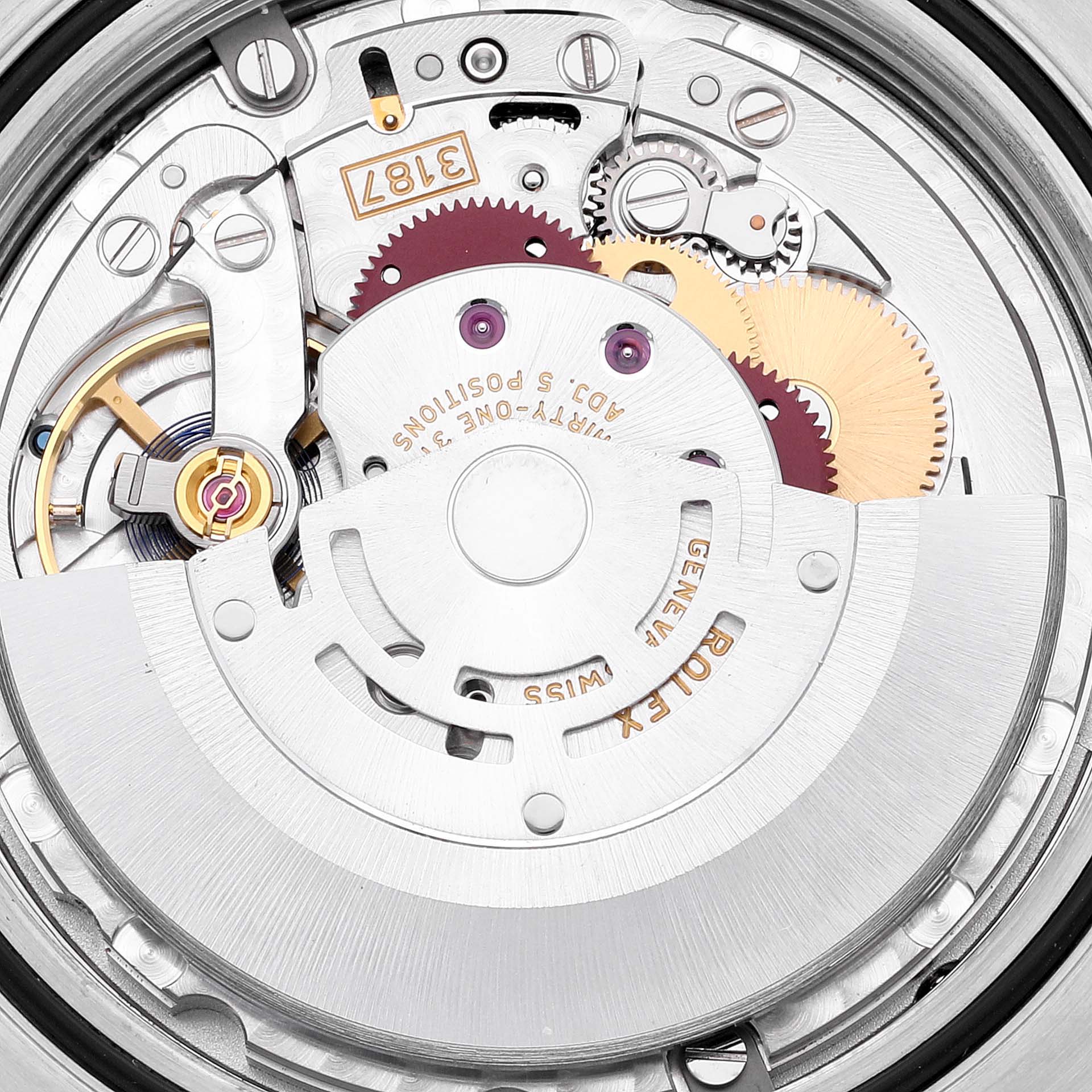 The image shows a detailed view of the movement mechanism of a Rolex Explorer 216570 Men
s Stainless Steel Black Dial 216570 Men
s Stainless Steel Black Dial watch from the back angle.
