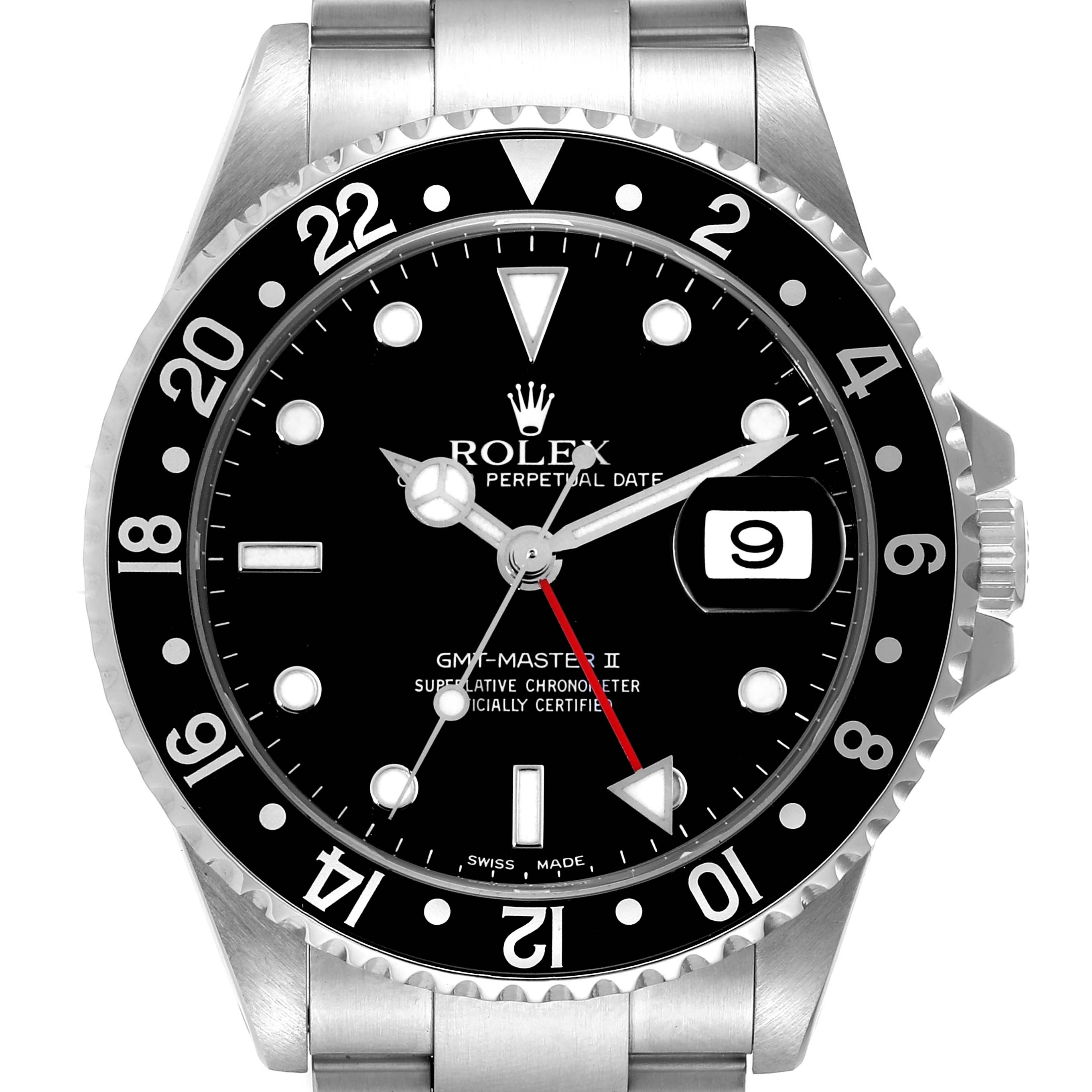 This is a front view of a Rolex GMT-Master 16710 Men
s Stainless Steel Black Dial 16710 Men
s Stainless Steel Black Dial II watch, showing the bezel, dial, hands, date, and part of the stainless steel bracelet.