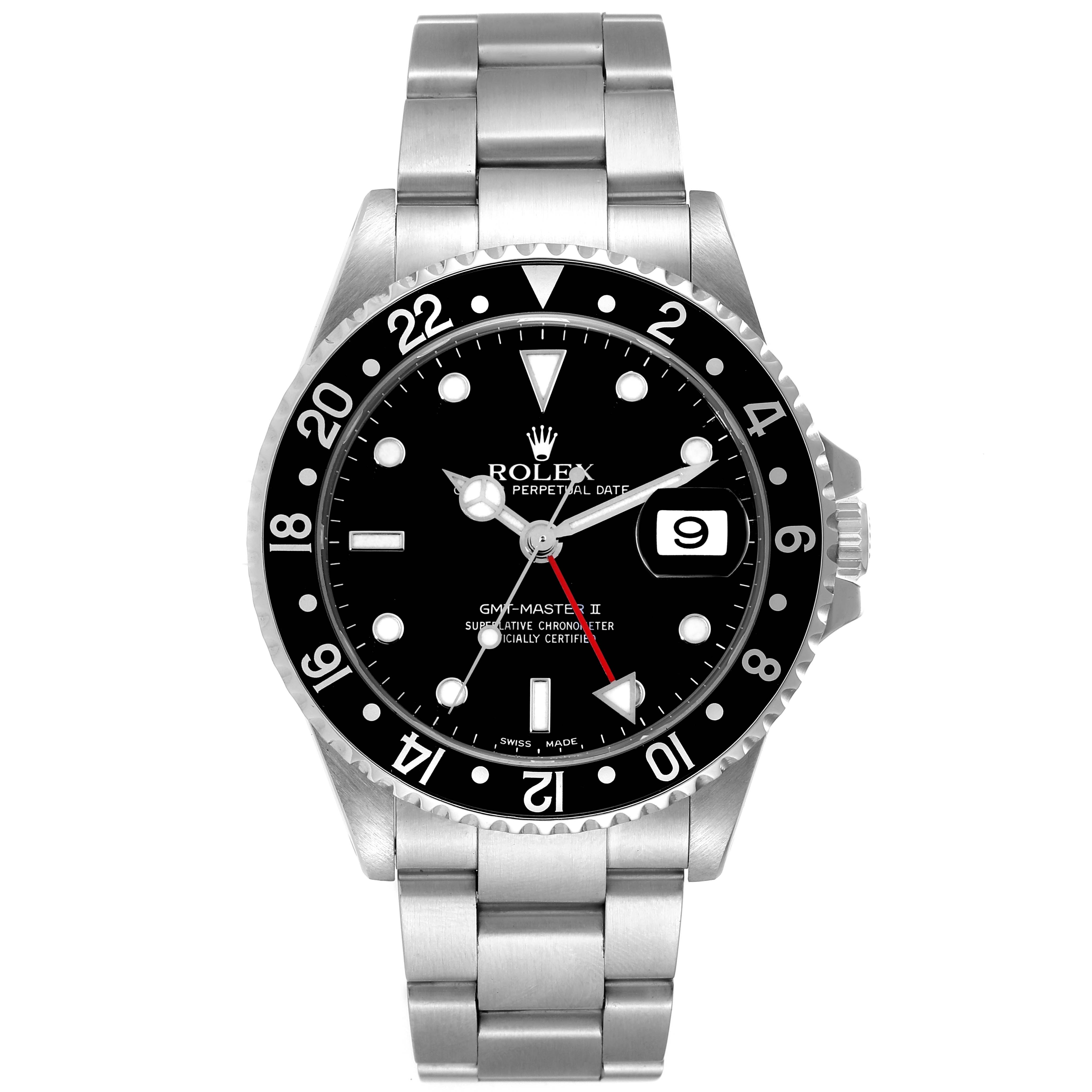 The image shows a front view of a Rolex GMT-Master 16710 Men
s Stainless Steel Black Dial 16710 Men
s Stainless Steel Black Dial II watch, displaying the dial, bezel, and bracelet.