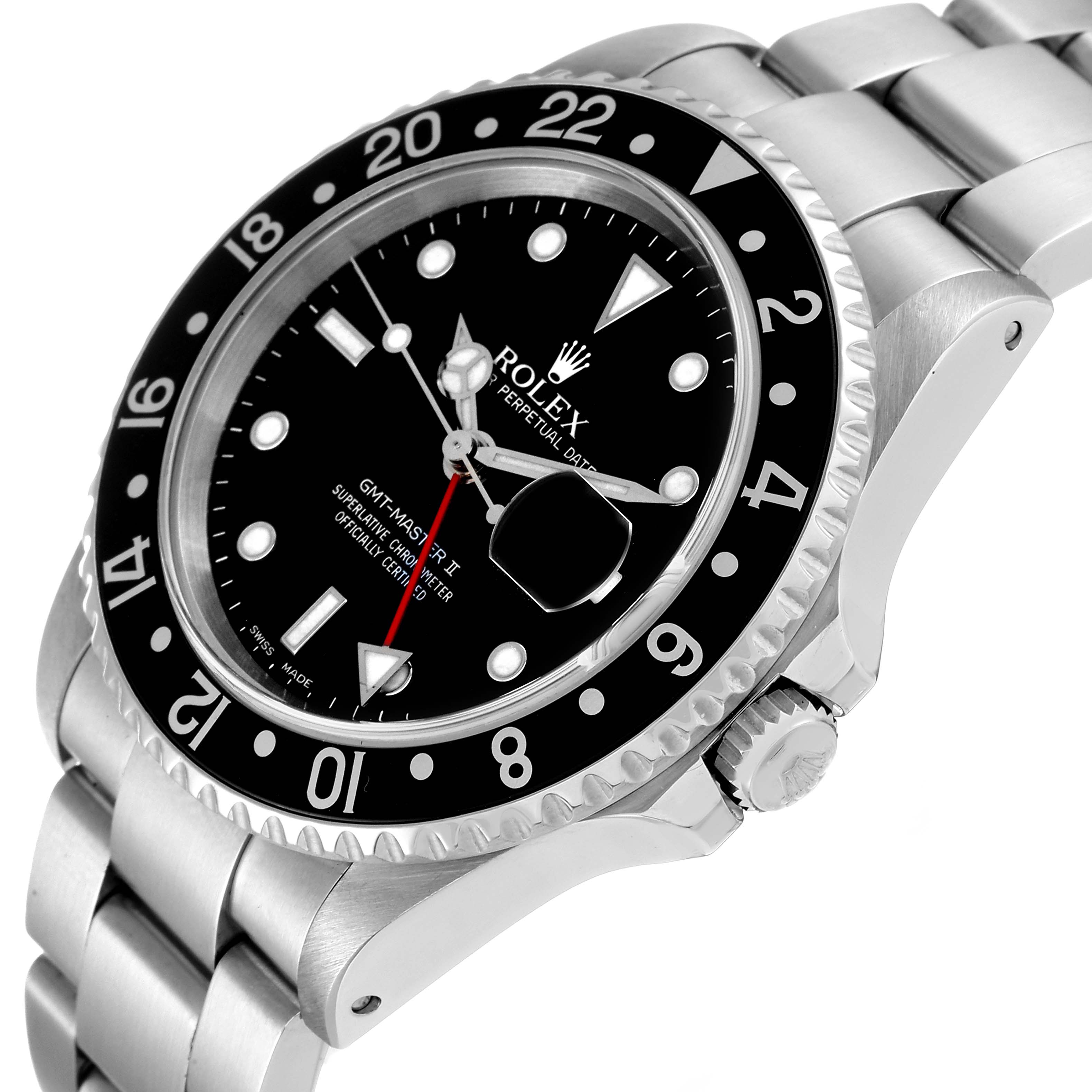 This image shows a side angle of the Rolex GMT-Master 16710 Men
s Stainless Steel Black Dial 16710 Men
s Stainless Steel Black Dial II, highlighting the bezel, dial, and bracelet.
