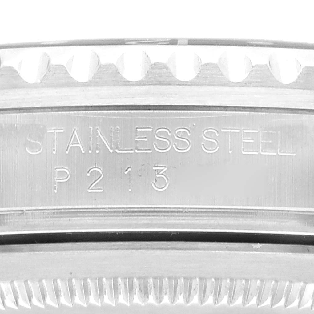 This close-up image shows the side view of the stainless steel case back of a Rolex GMT-Master 16710 Men
s Stainless Steel Black Dial 16710 Men
s Stainless Steel Black Dial watch.