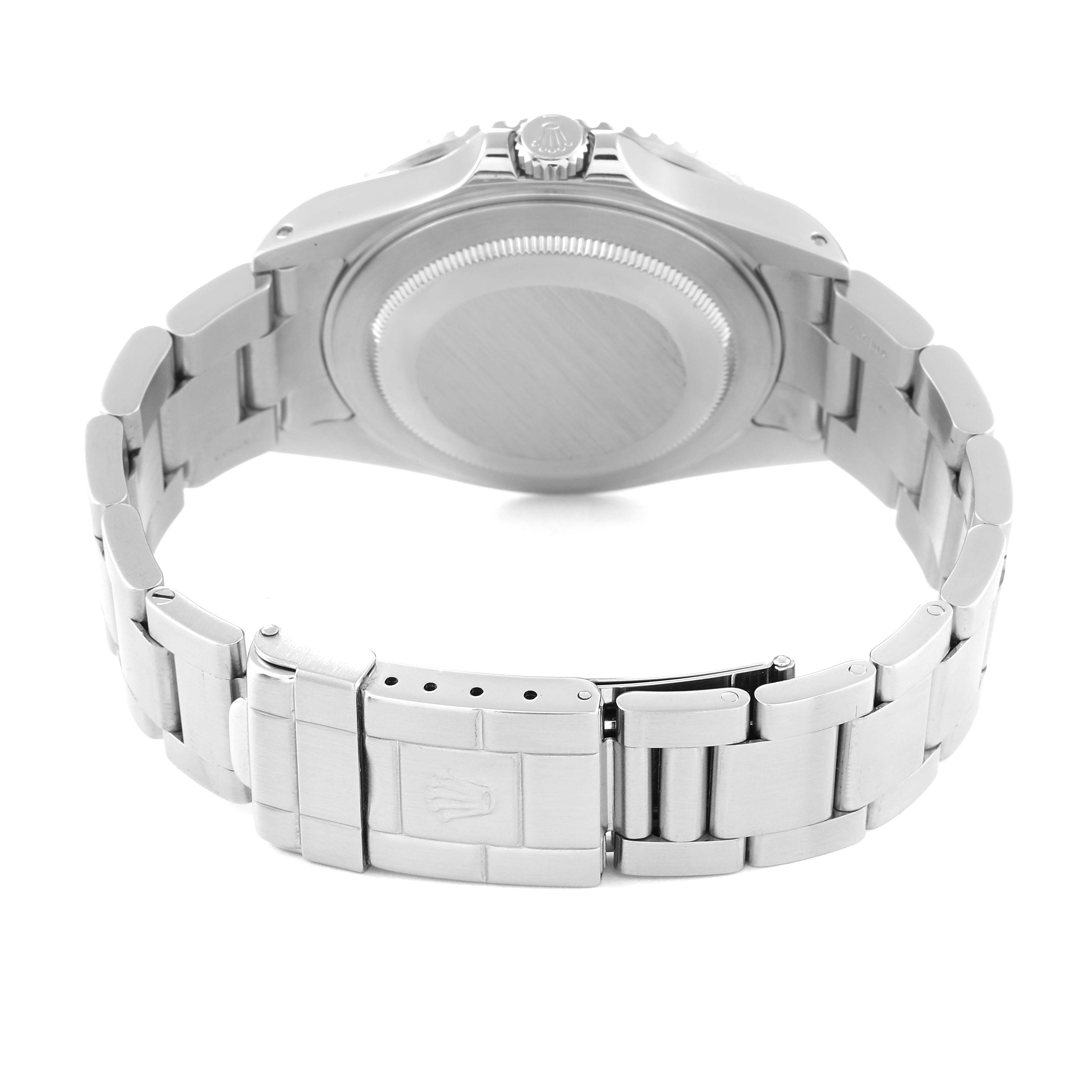 This image shows the back view of a Rolex GMT-Master 16710 Men
s Stainless Steel Black Dial 16710 Men
s Stainless Steel Black Dial watch, focusing on the case and bracelet.