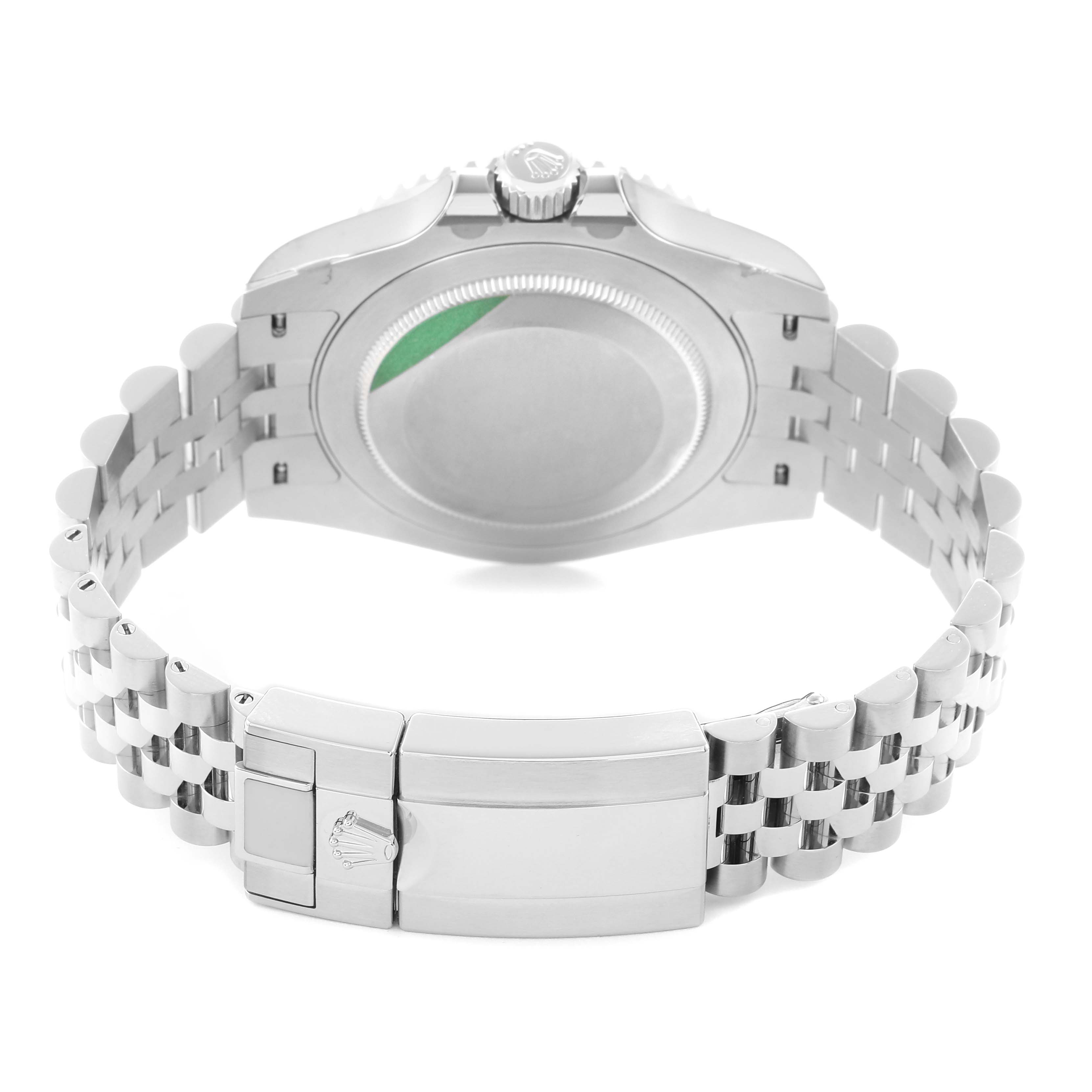 The Rolex GMT-Master 126710GRNR Men
s Stainless Steel Black Dial 126710GRNR Men
s Stainless Steel Black Dial watch is shown from the back, highlighting the clasp, bracelet, and case back.