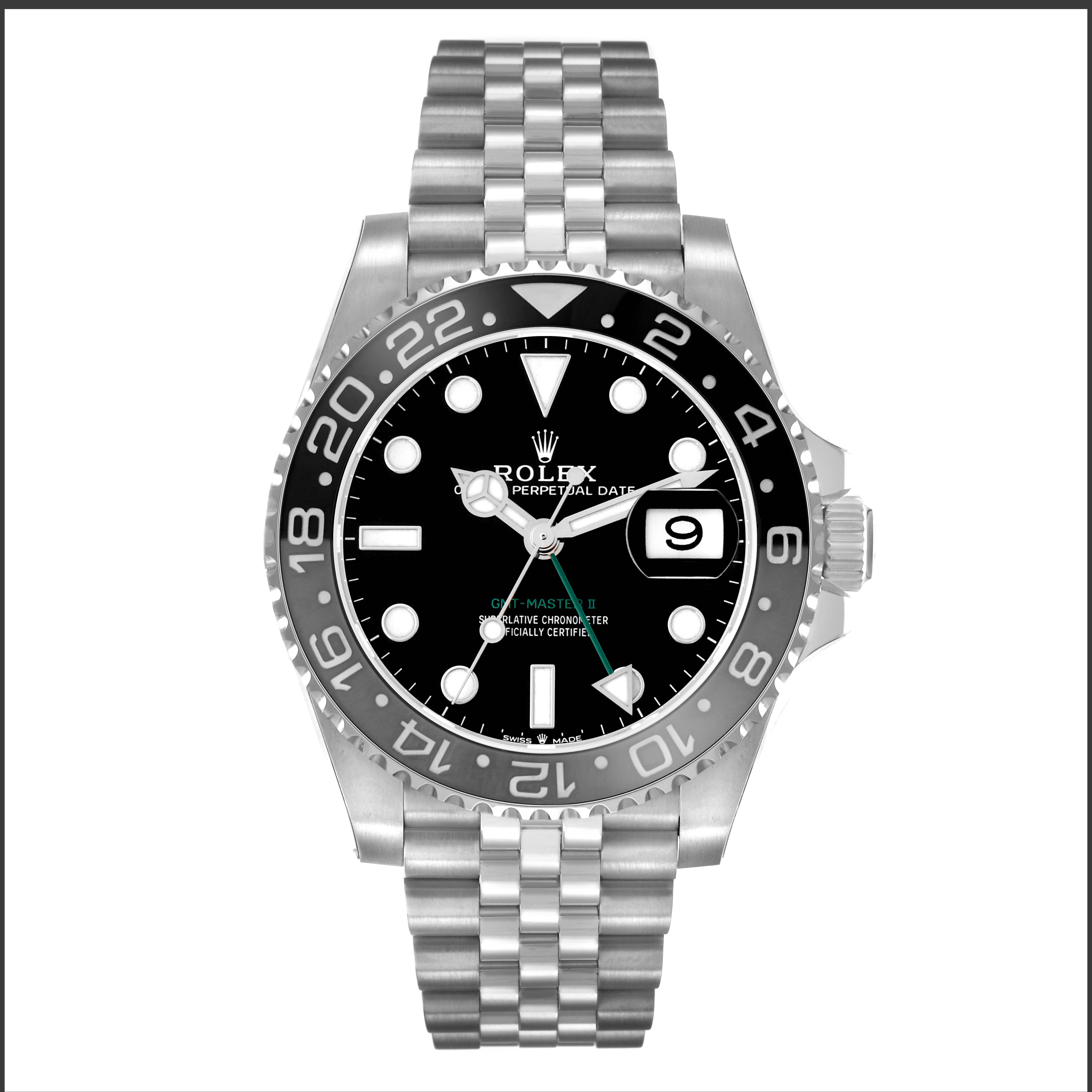 The Rolex GMT-Master 126710GRNR Men
s Stainless Steel Black Dial 126710GRNR Men
s Stainless Steel Black Dial watch is shown from a front angle, displaying the bracelet, bezel, dial, and date magnifier clearly.