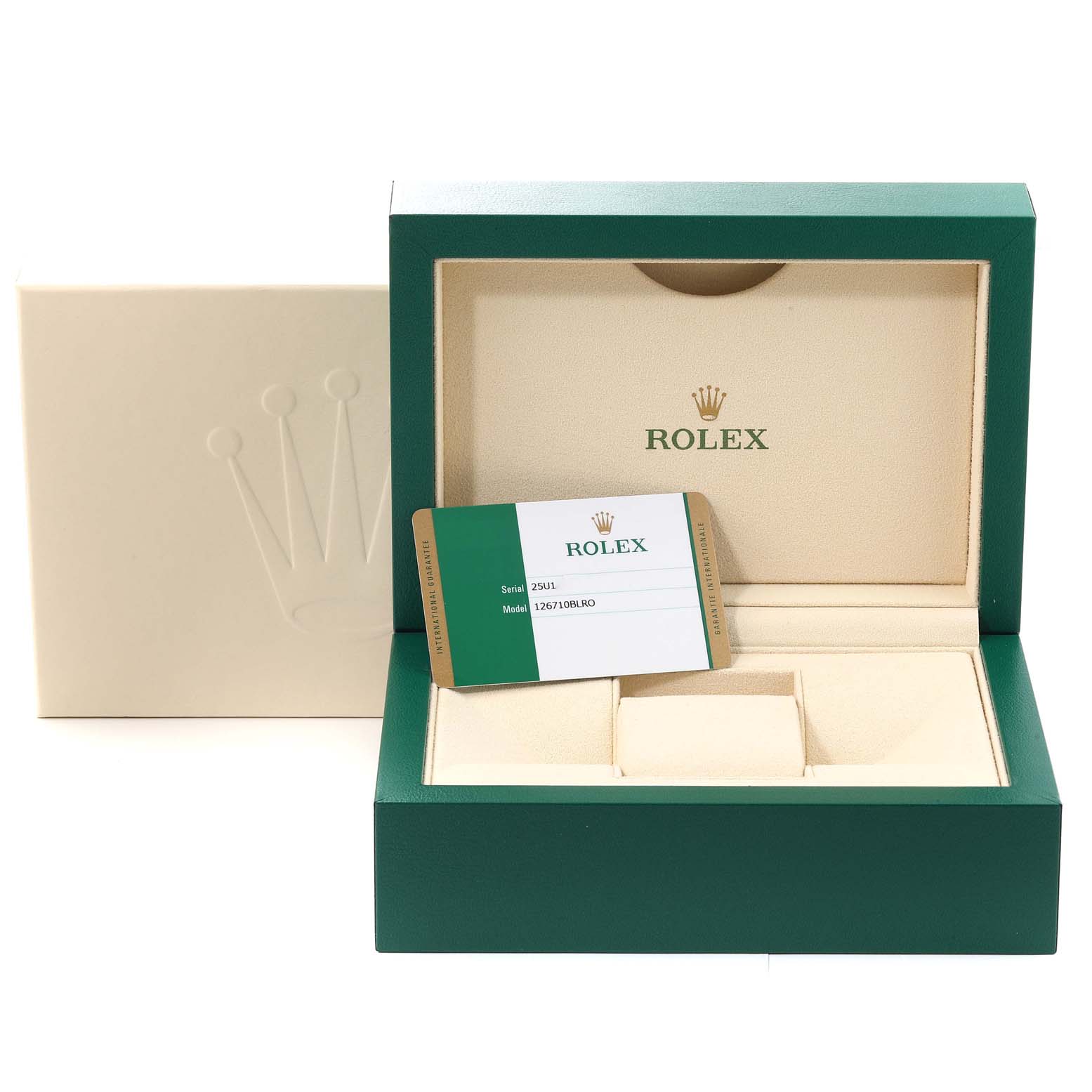 This image shows a green Rolex GMT-Master 126710 Men
s Stainless Steel Black Dial 126710 Men
s Stainless Steel Black Dial watch box with the warranty card displayed in front of it.