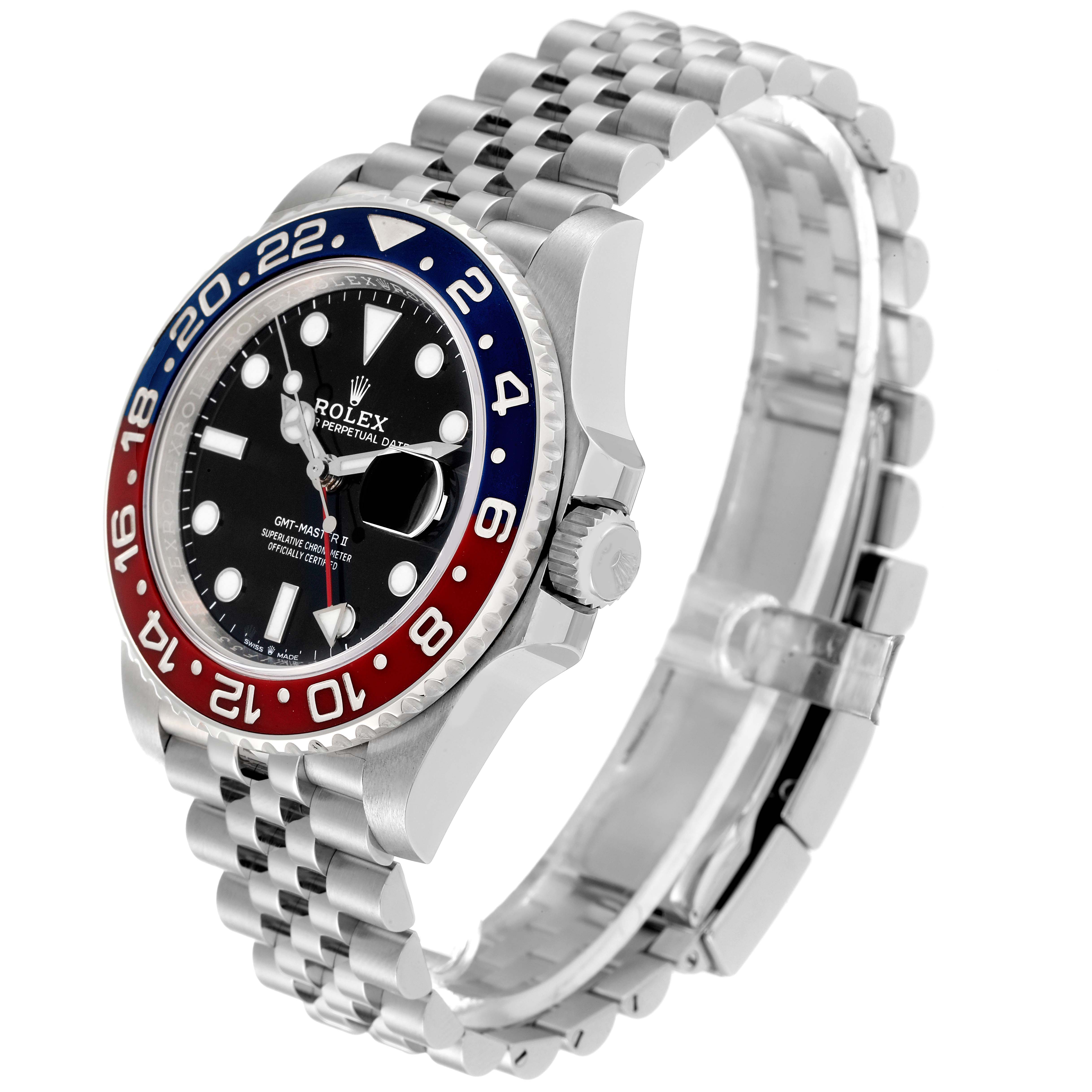 This image shows a side angle of a Rolex GMT-Master 126710 Men
s Stainless Steel Black Dial 126710 Men
s Stainless Steel Black Dial watch, displaying its bezel, dial, crown, and bracelet.