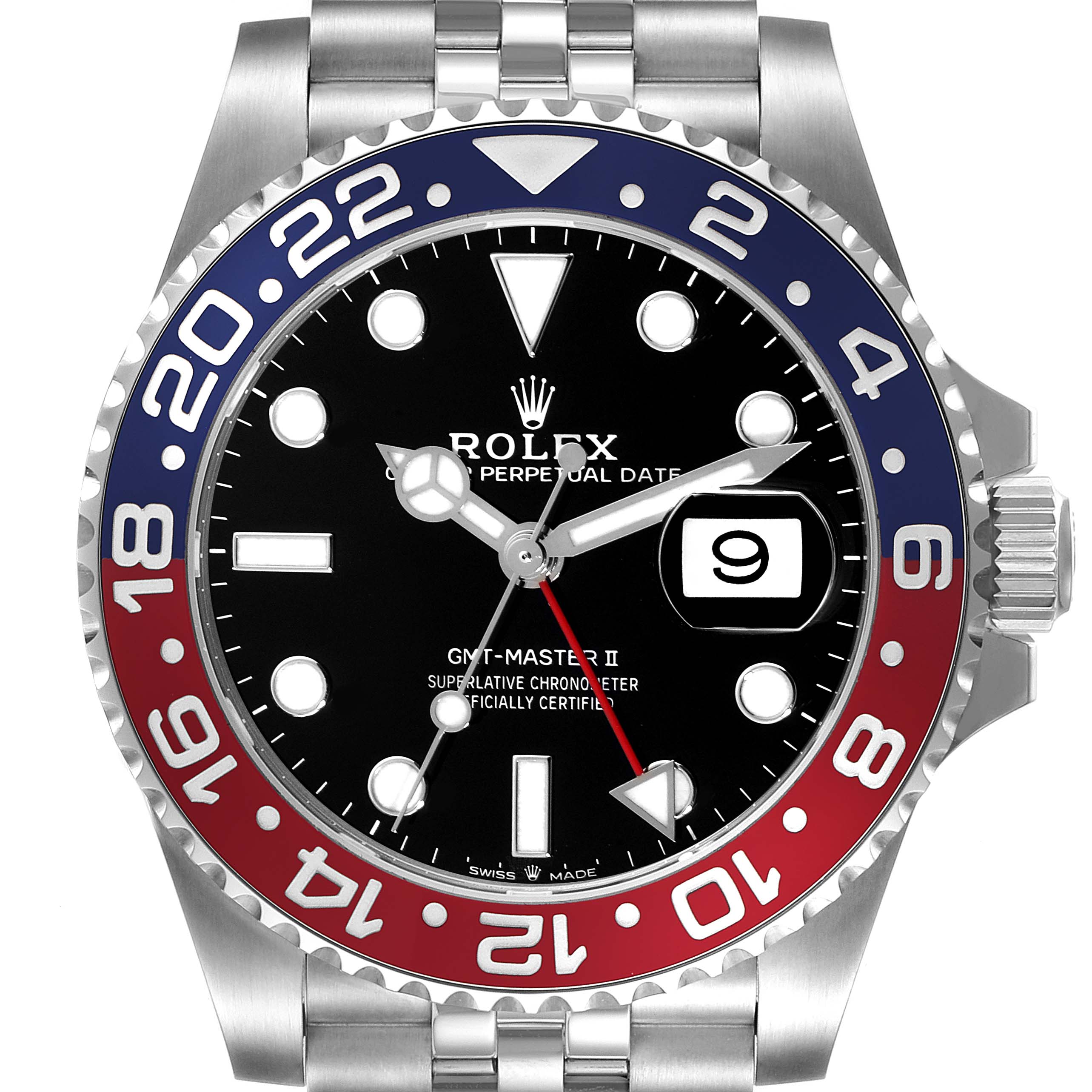 The image shows a front view of the Rolex GMT-Master 126710 Men
s Stainless Steel Black Dial 126710 Men
s Stainless Steel Black Dial II watch, highlighting its bezel, dial, and date window.