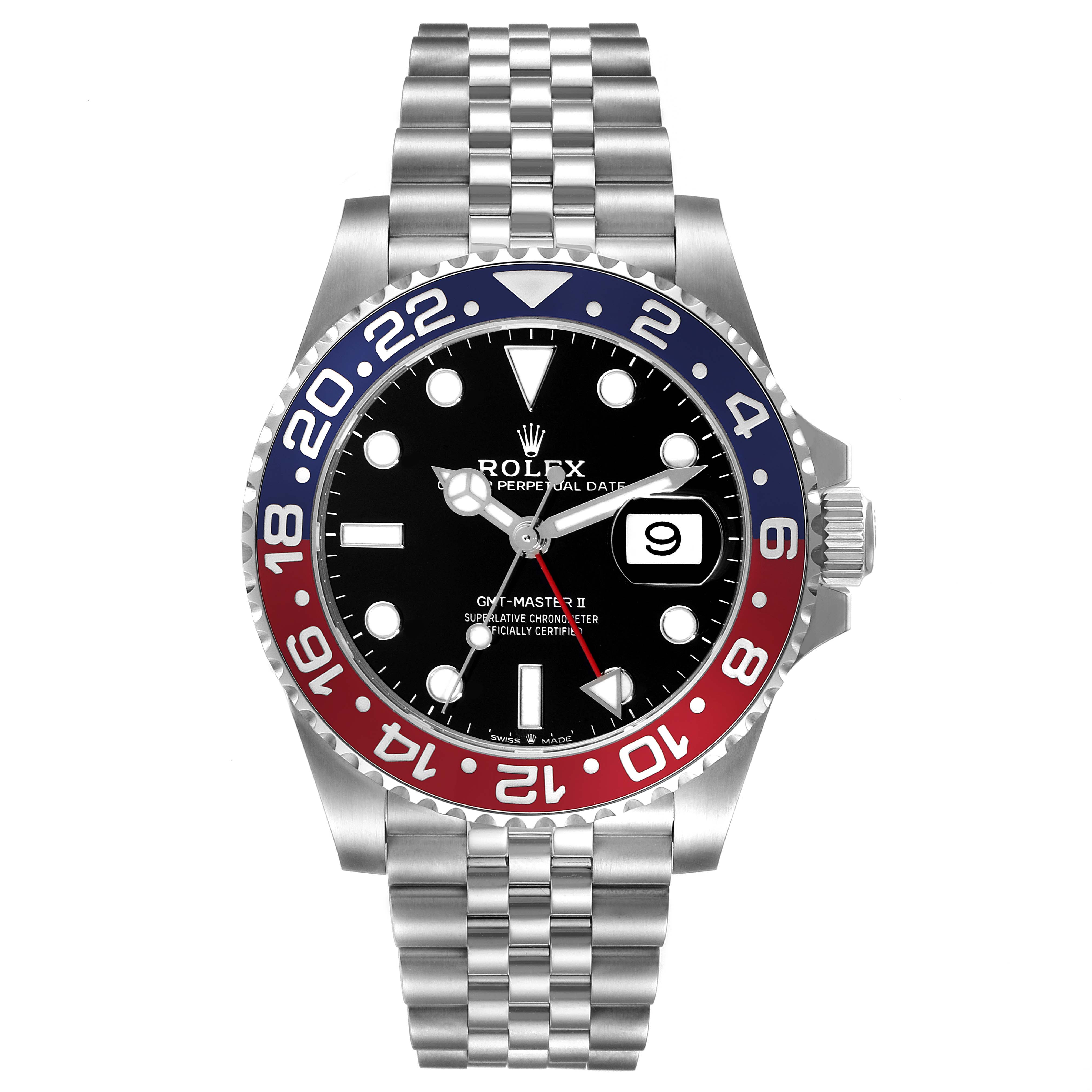 The image shows a front view of a Rolex GMT-Master 126710 Men
s Stainless Steel Black Dial 126710 Men
s Stainless Steel Black Dial II watch, displaying its dial, bezel, and bracelet.