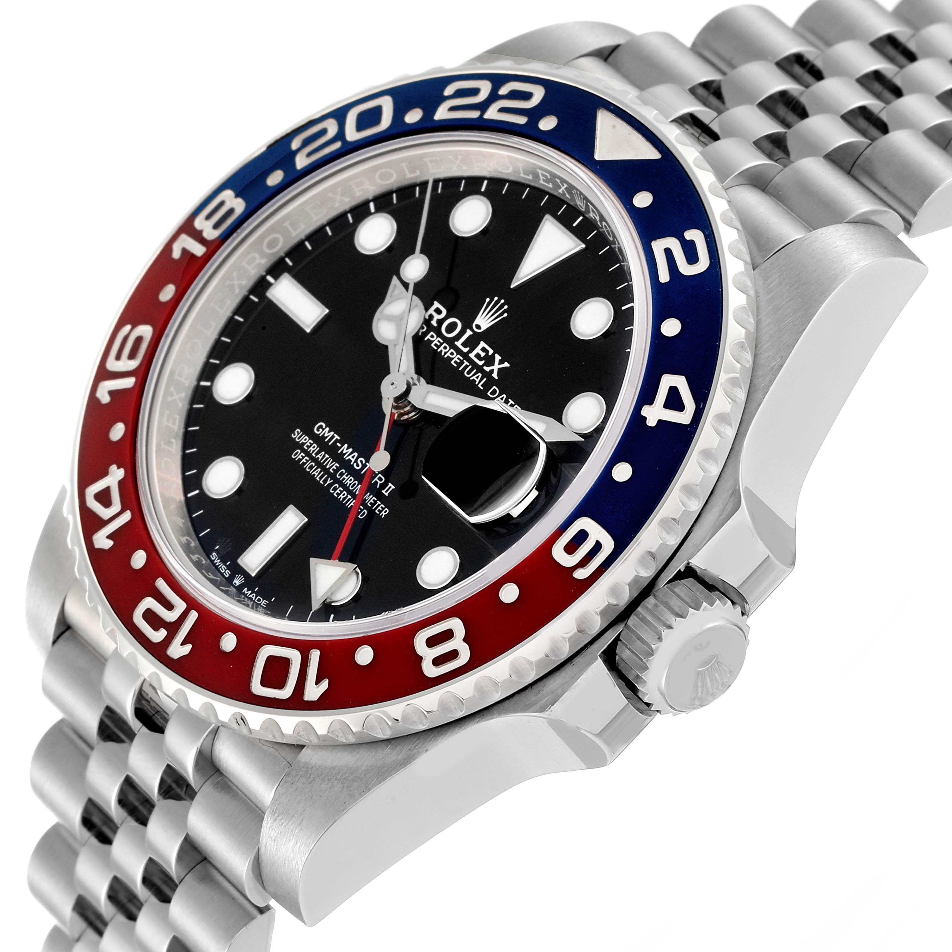 The image shows a Rolex GMT-Master 126710 Men
s Stainless Steel Black Dial 126710 Men
s Stainless Steel Black Dial II watch at an angled side view, highlighting the bezel, face, crown, and part of the bracelet.