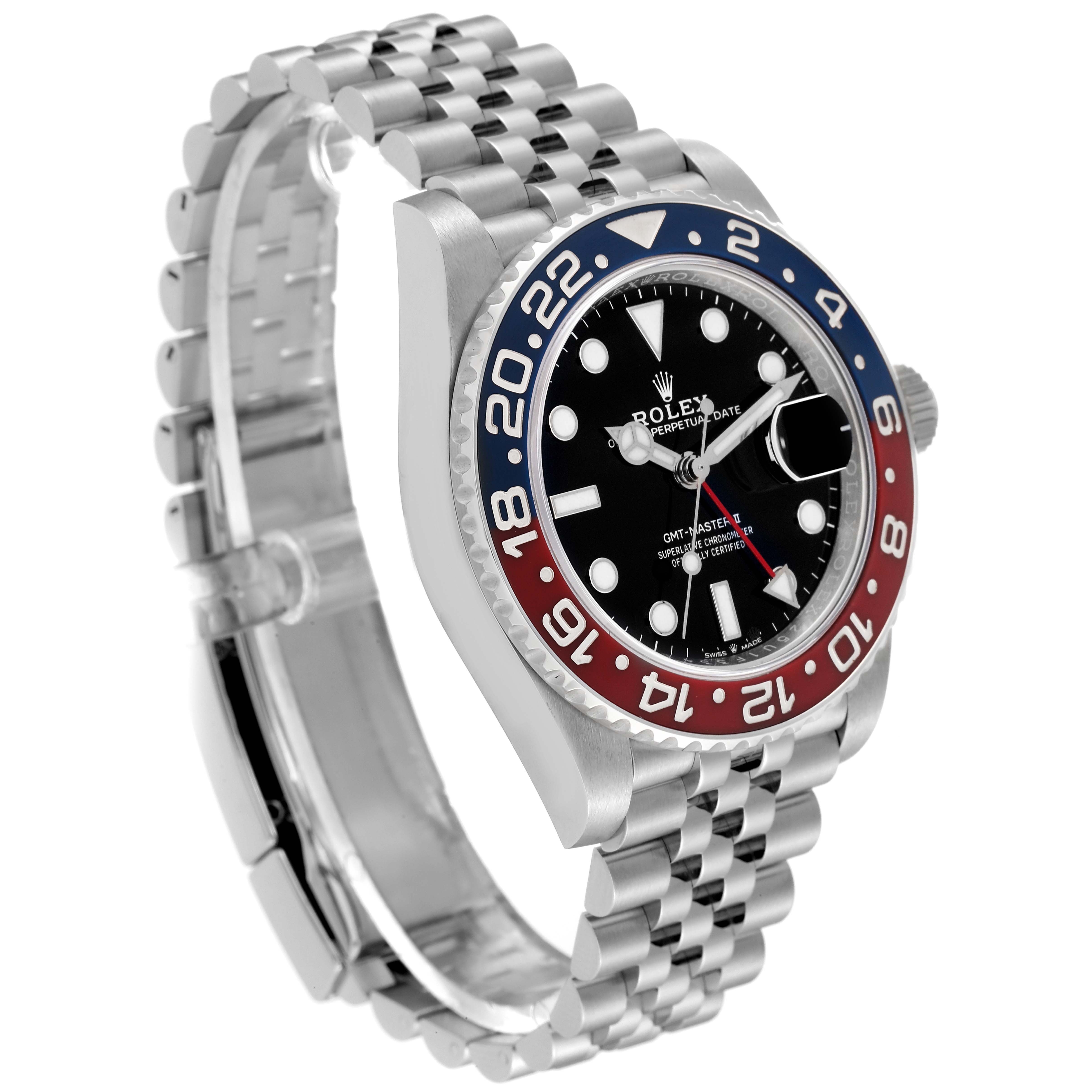 The image shows a Rolex GMT-Master 126710 Men
s Stainless Steel Black Dial 126710 Men
s Stainless Steel Black Dial watch at a slight side angle, displaying the face, bezel, and part of the bracelet.