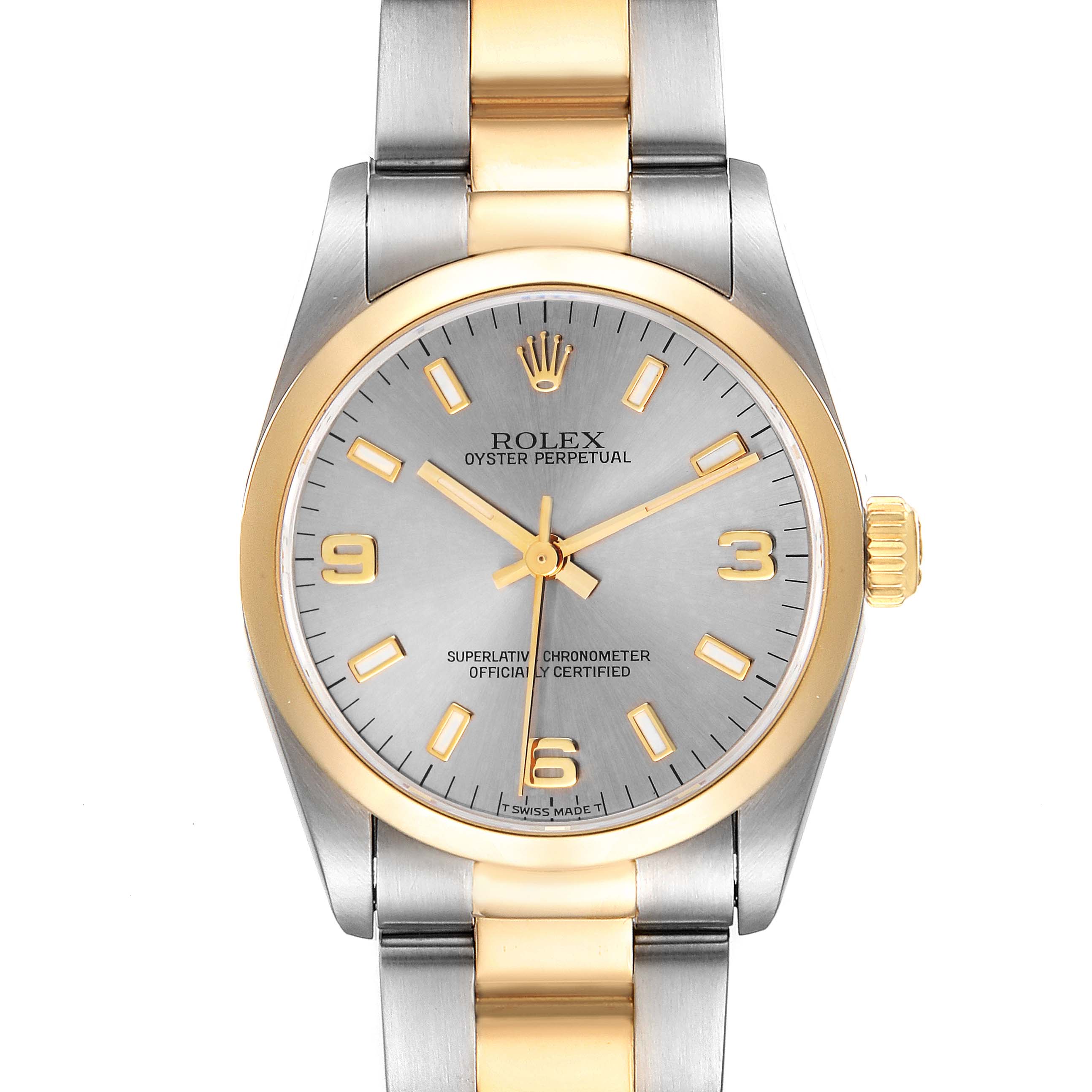 The image shows a front view of the Rolex Oyster Perpetual Mid-Size watch, highlighting its two-tone metal strap and dial.