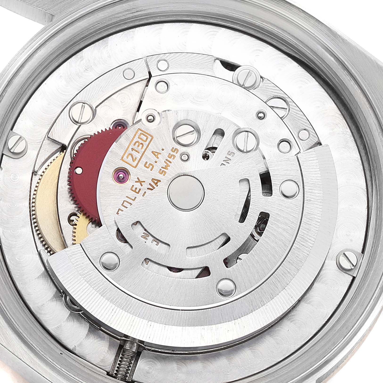 This image shows the inner mechanical movement of a Rolex Mid-Size 67483 Women's Steel and Gold (two tone) Grey Dial 67483 Women's Steel and Gold (two tone) Grey Dial watch, specifically the rotor and various cog components.