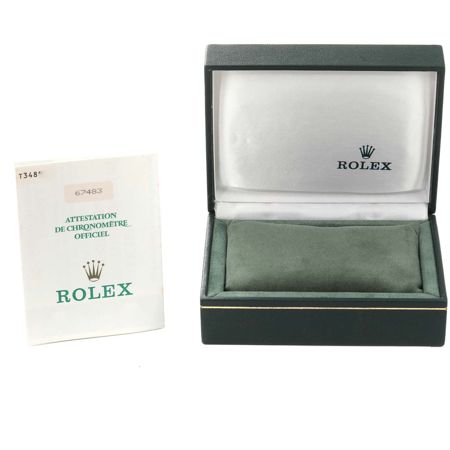 The image shows a green Rolex watch box open, alongside the certification booklet for a Mid-Size Rolex model.