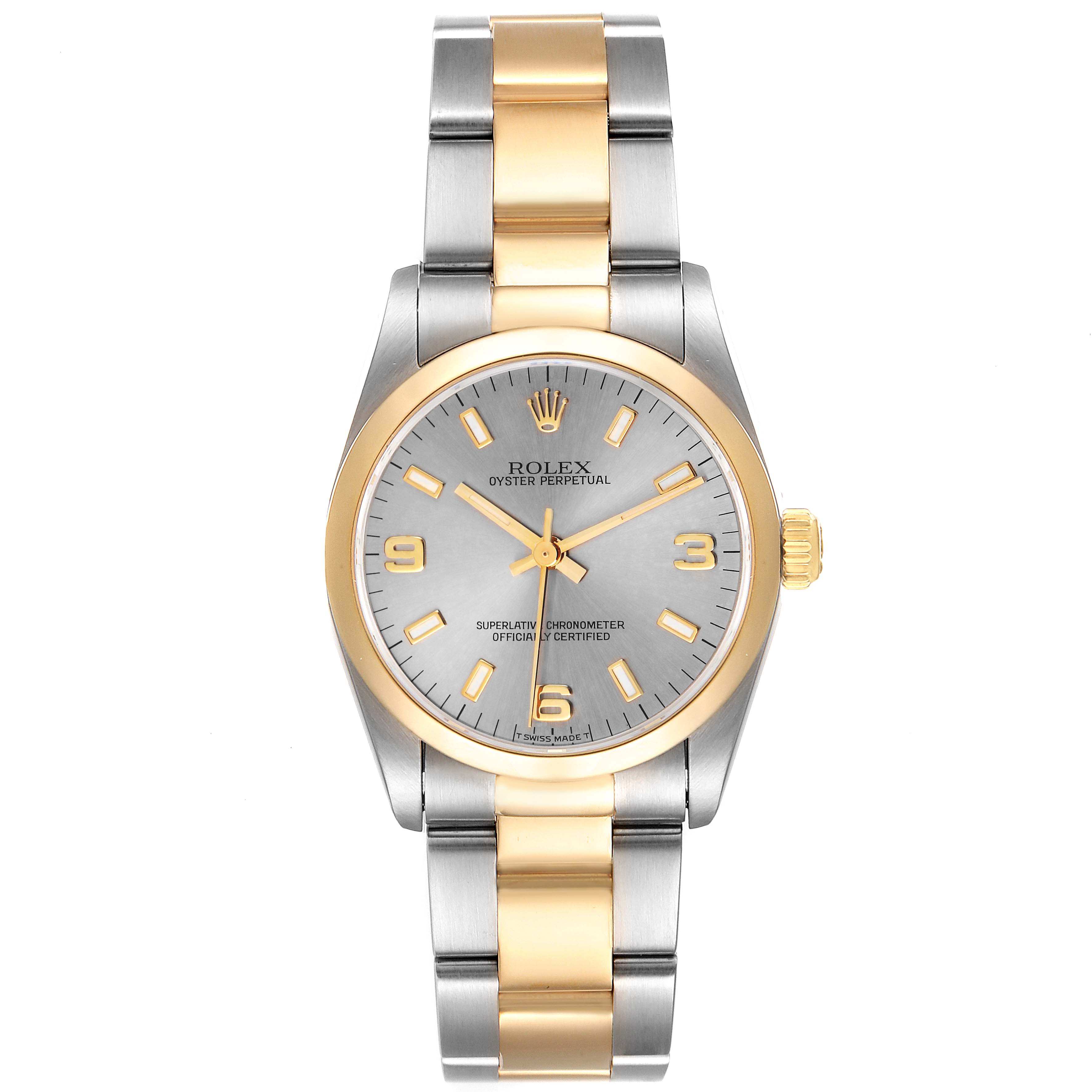This image shows a front view of a Rolex Mid-Size 67483 Women's Steel and Gold (two tone) Grey Dial 67483 Women's Steel and Gold (two tone) Grey Dial Oyster Perpetual watch, highlighting the dial, bezel, and bracelet.