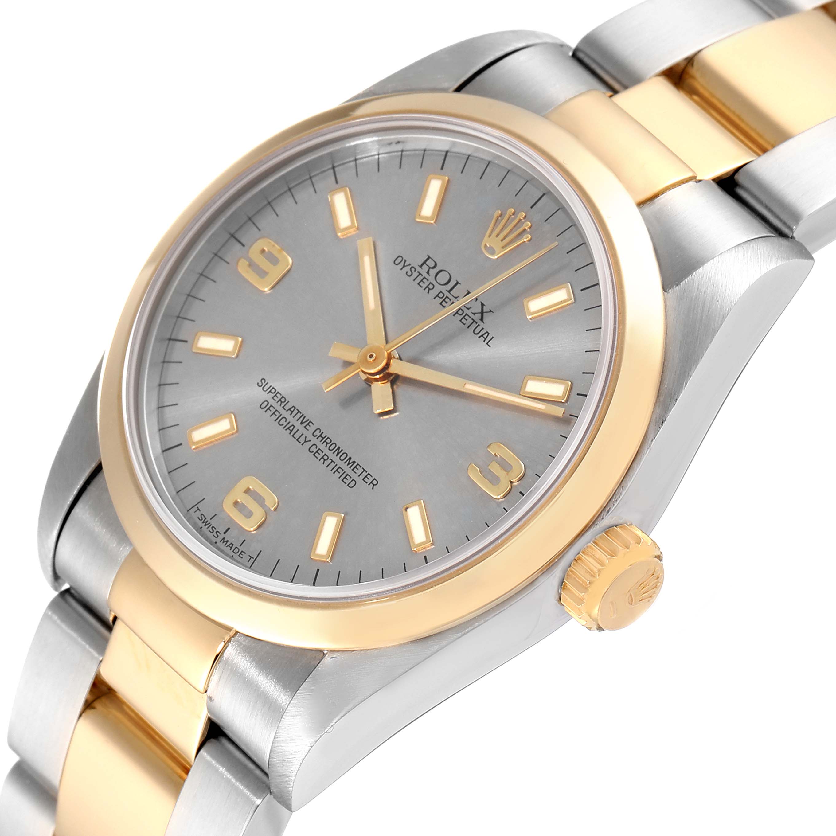 The image shows a side angle of the Rolex Mid-Size 67483 Women's Steel and Gold (two tone) Grey Dial 67483 Women's Steel and Gold (two tone) Grey Dial Oyster Perpetual watch, highlighting the bezel, dial, and bracelet.