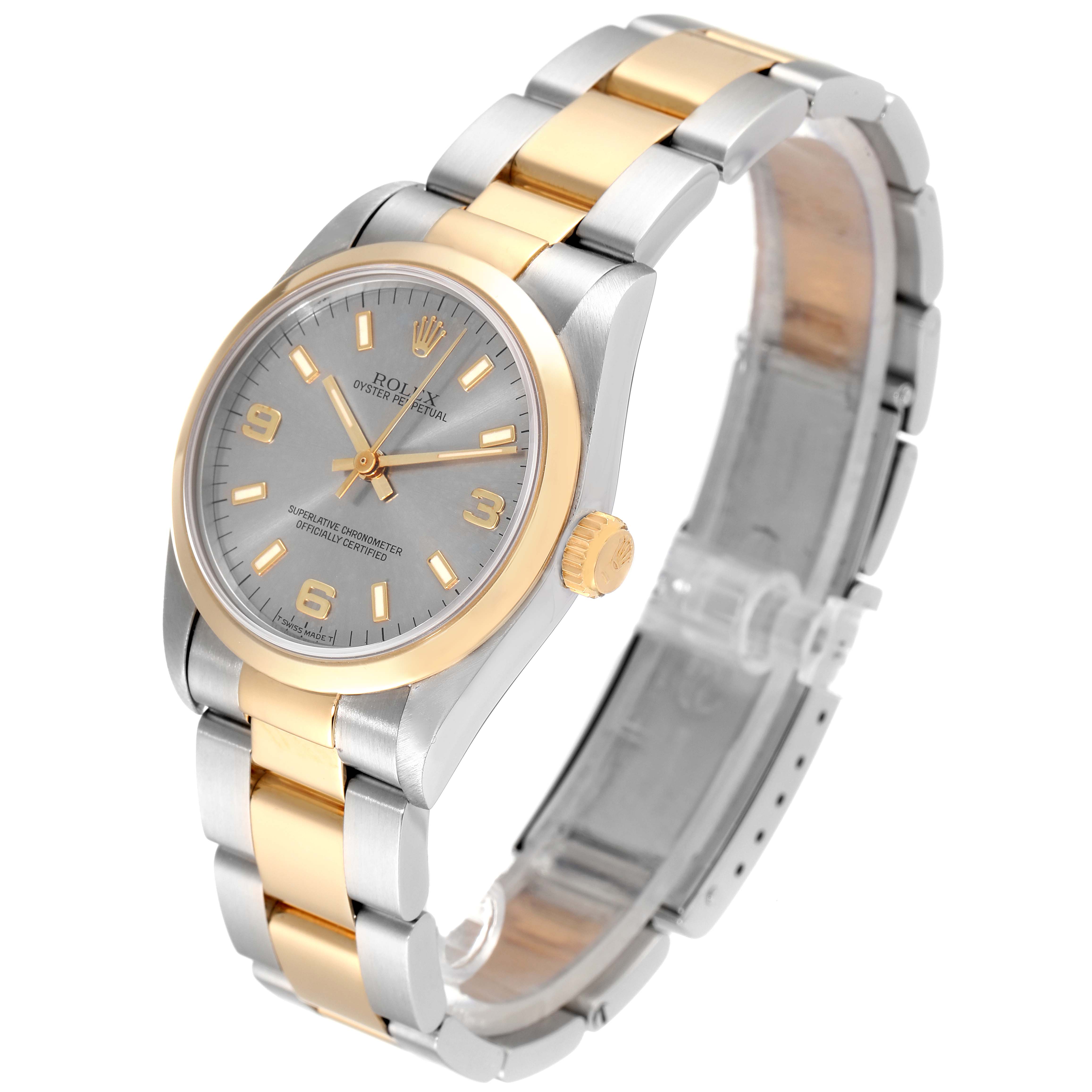 This Rolex Mid-Size 67483 Women's Steel and Gold (two tone) Grey Dial 67483 Women's Steel and Gold (two tone) Grey Dial model is shown at a slight angle, highlighting its face, crown, and two-tone bracelet.