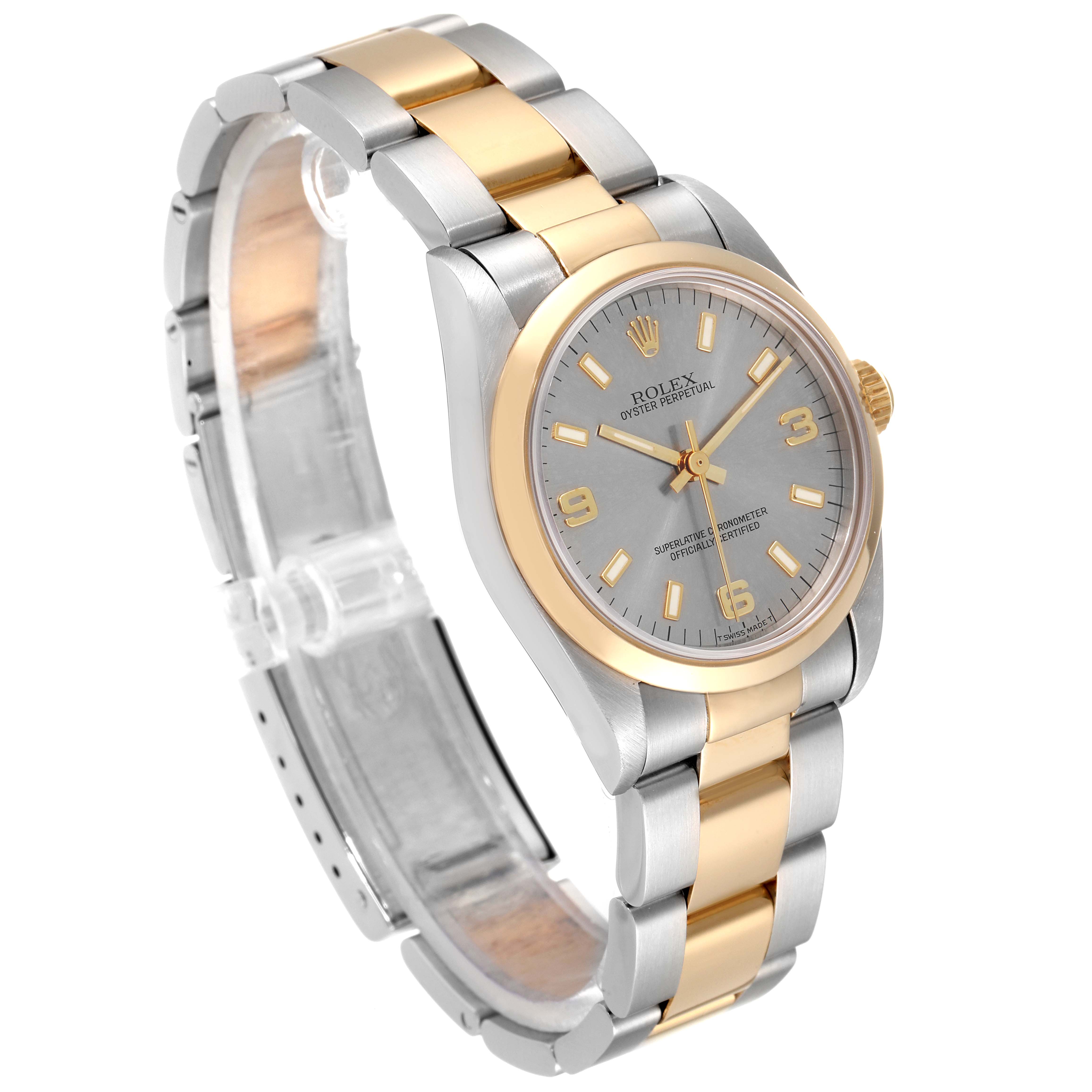 The image shows a Mid-Size Rolex Oyster Perpetual watch from a three-quarter angle, highlighting the dial, bezel, and bracelet.