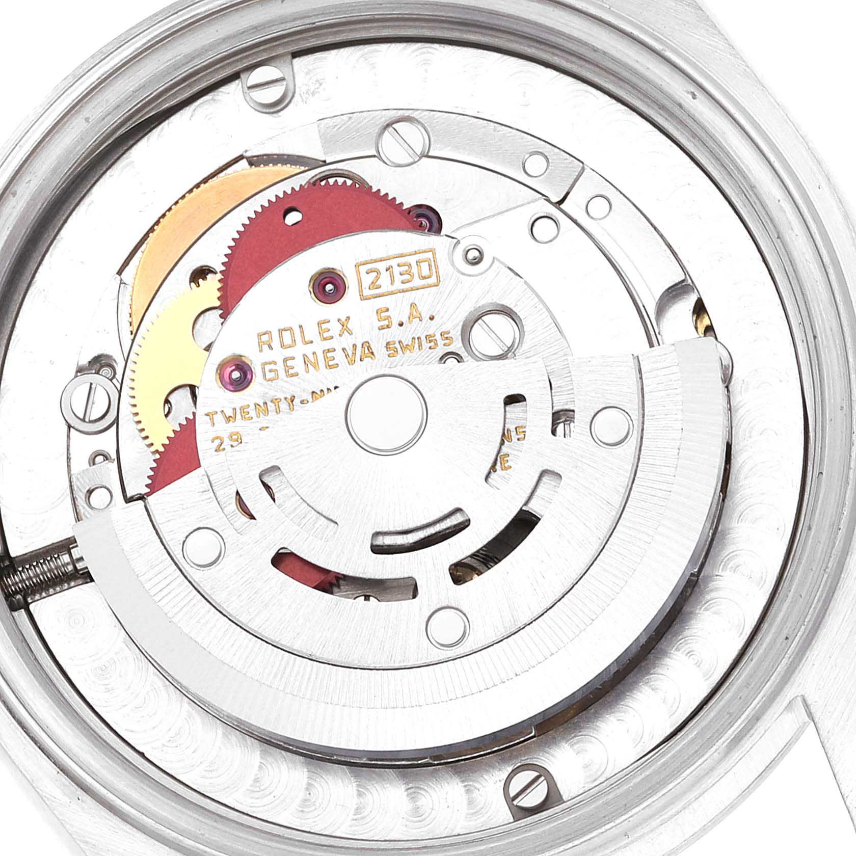The image shows the internal mechanism and parts of the Rolex Mid-Size 67514 Women
s Stainless Steel Blue Dial 67514 Women
s Stainless Steel Blue Dial model watch from an overhead angle.