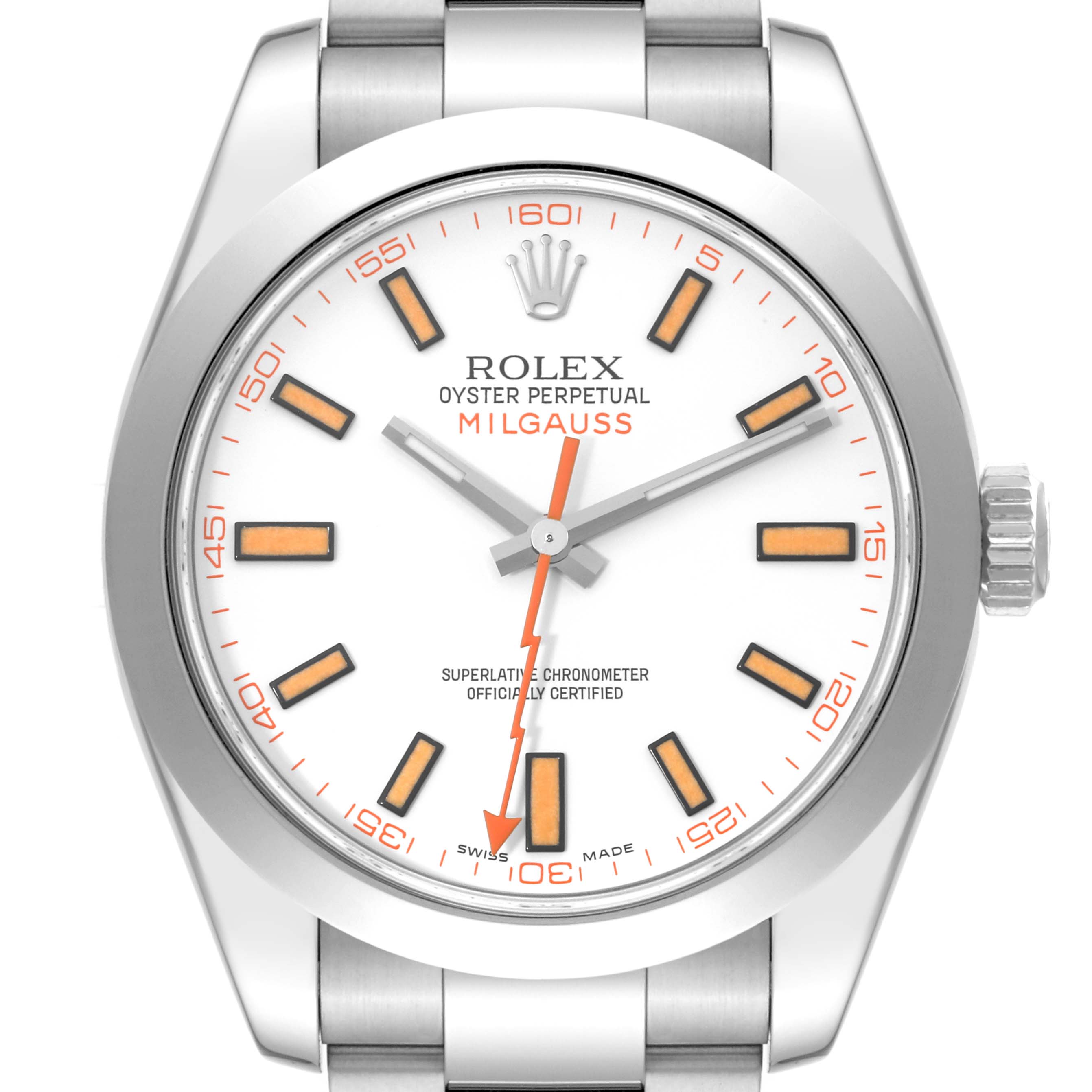 The image shows a front view of the Rolex Milgauss 116400 Men's Stainless Steel White Dial 116400 Men's Stainless Steel White Dial watch, highlighting the dial, crown, and part of the bracelet.