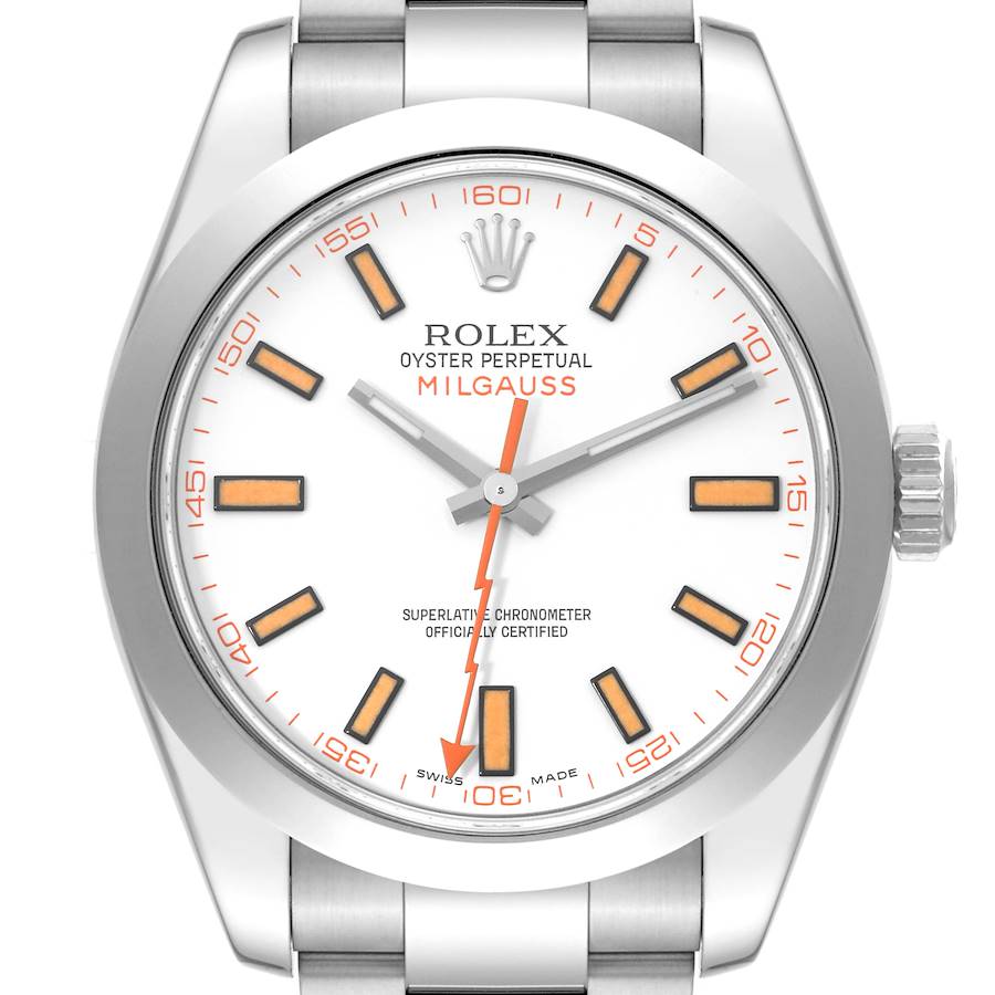 Rolex Milgauss White Dial Orange Markers Steel Mens Watch 116400 SwissWatchExpo