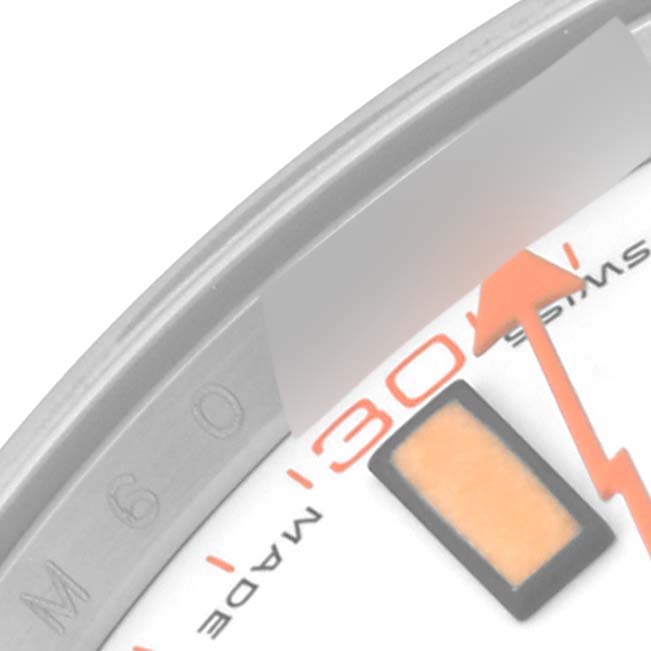 This close-up shows the dial and bezel of a Rolex Milgauss 116400 Men's Stainless Steel White Dial 116400 Men's Stainless Steel White Dial watch, highlighting the minute markers and the unique orange lightning bolt-shaped seconds hand.