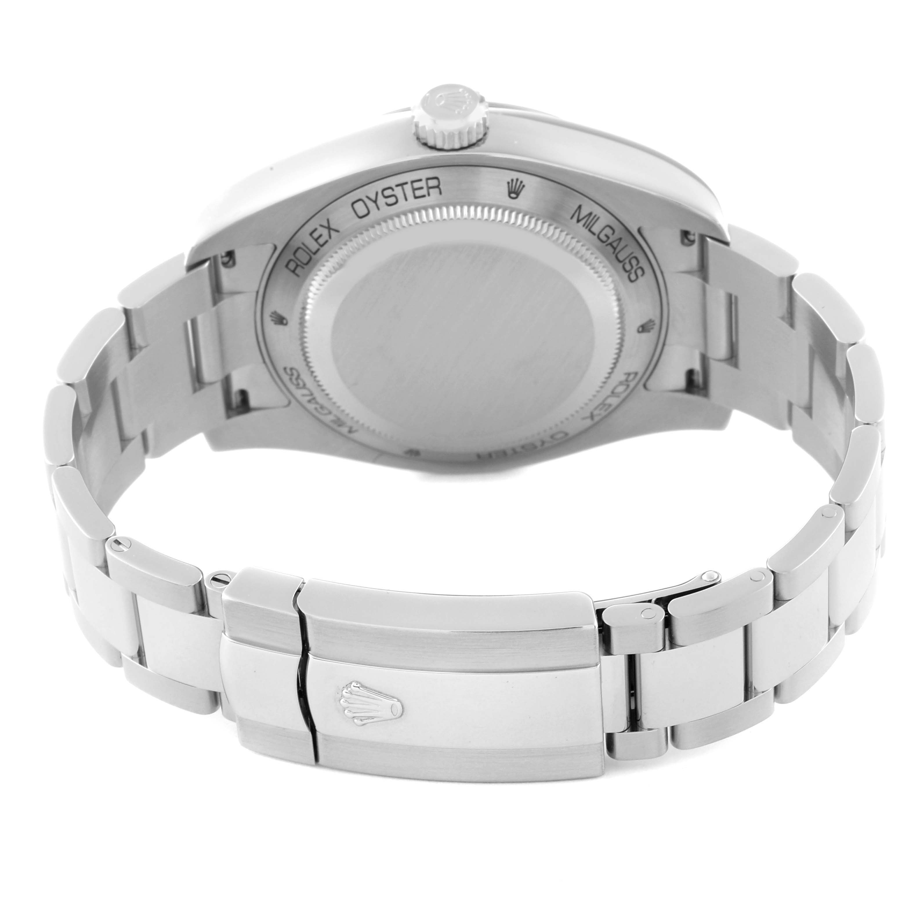 The image shows the rear view of a Rolex Milgauss 116400 Men's Stainless Steel White Dial 116400 Men's Stainless Steel White Dial watch, highlighting the case back and the bracelet clasp.