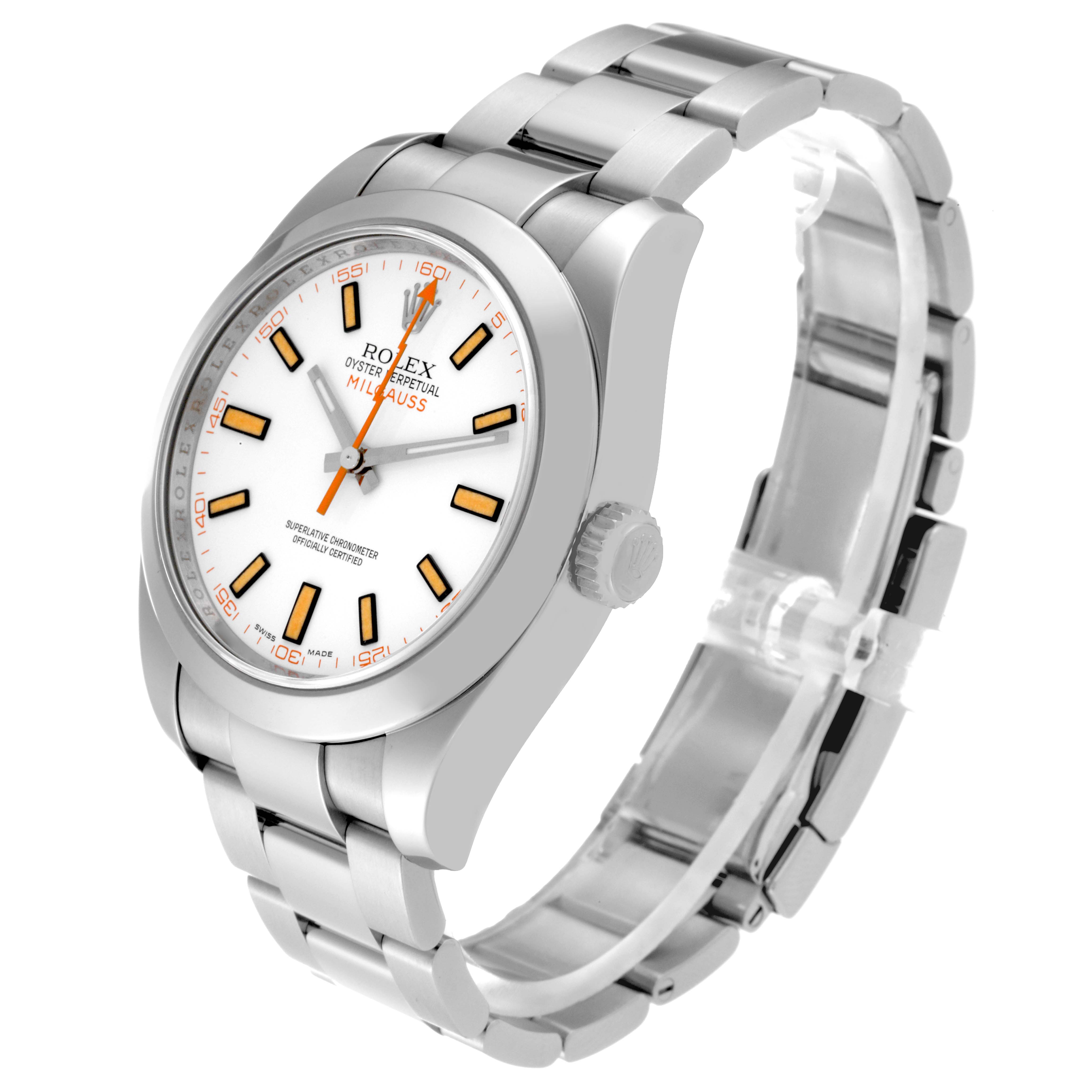 This image shows a Rolex Milgauss 116400 Men's Stainless Steel White Dial 116400 Men's Stainless Steel White Dial watch from an angled view, displaying the watch face, case, crown, and bracelet.