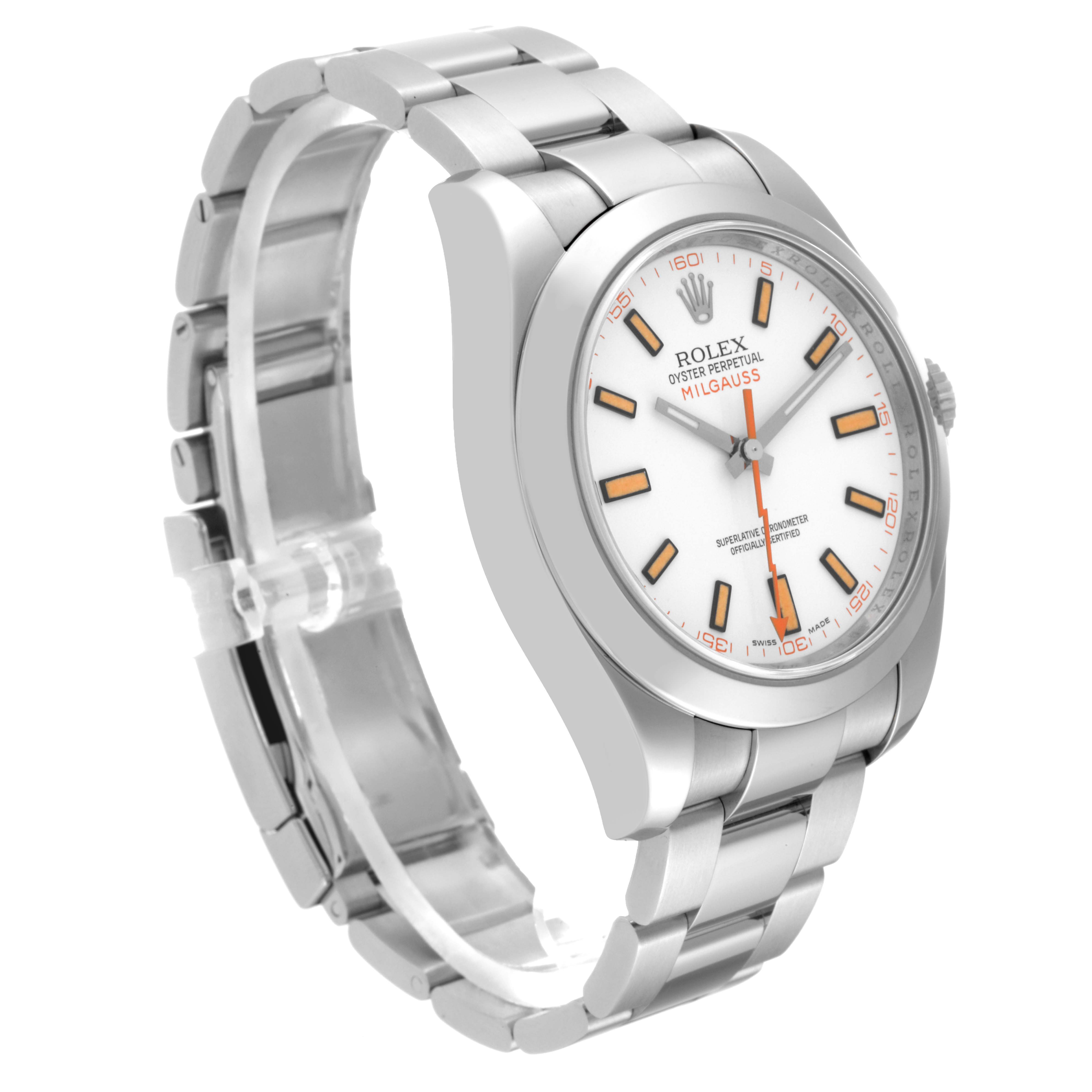 The Rolex Milgauss 116400 Men's Stainless Steel White Dial 116400 Men's Stainless Steel White Dial watch is shown at a three-quarter angle, displaying the face, dial, and stainless steel bracelet.