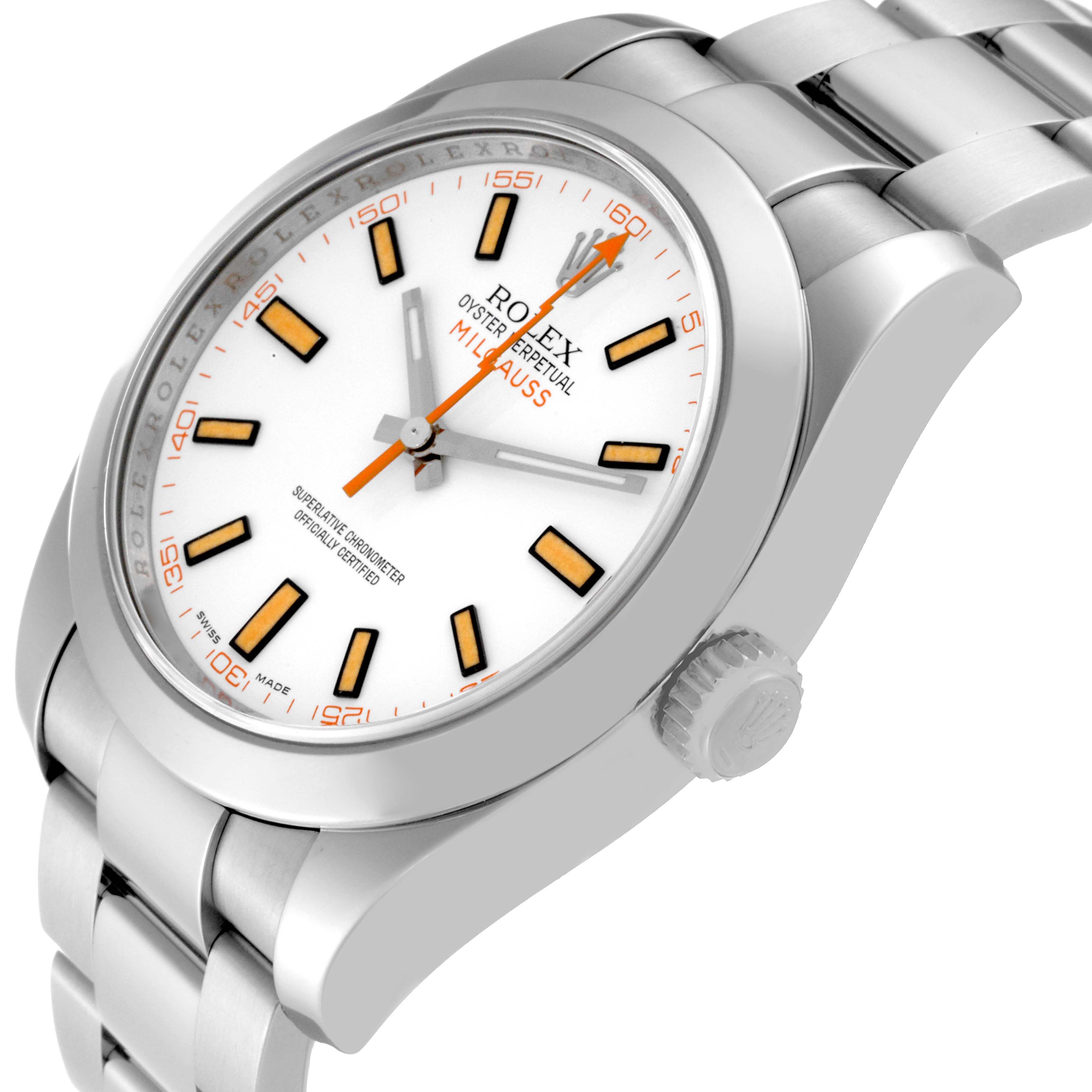 The image shows a Rolex Milgauss 116400 Men's Stainless Steel White Dial 116400 Men's Stainless Steel White Dial watch at a tilted angle, highlighting the dial, hands, crown, and bracelet.