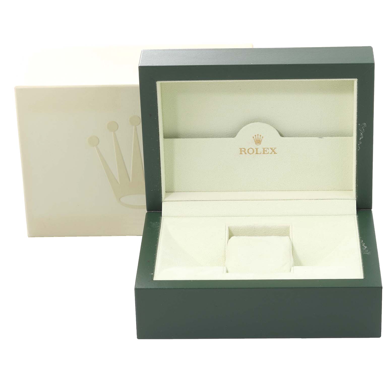 This image shows an open green Rolex watch box, likely for a Milgauss model, with its display pillow and outer cardboard cover.