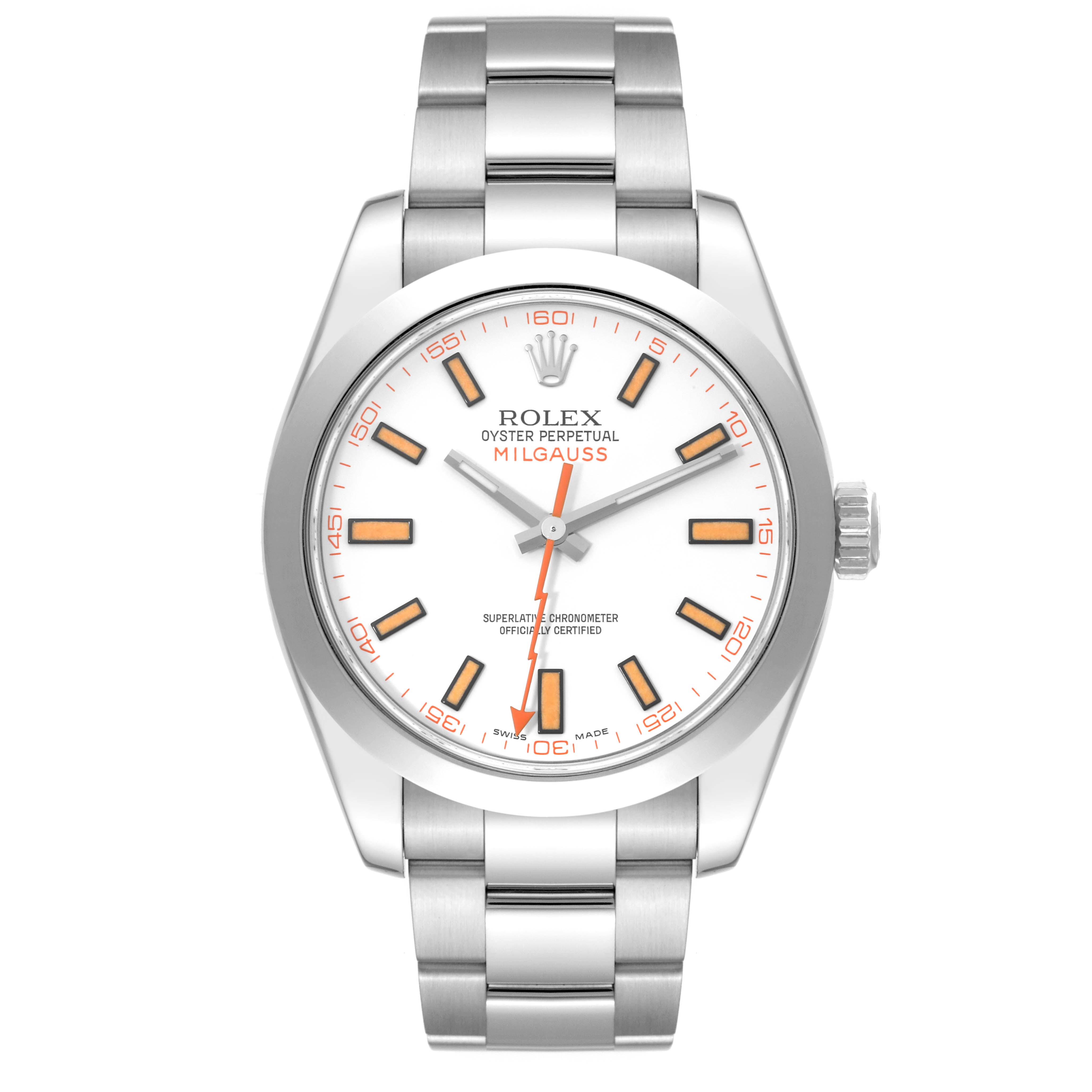 The image shows a front view of a Rolex Milgauss 116400 Men's Stainless Steel White Dial 116400 Men's Stainless Steel White Dial watch, displaying the dial, hands, and bracelet.