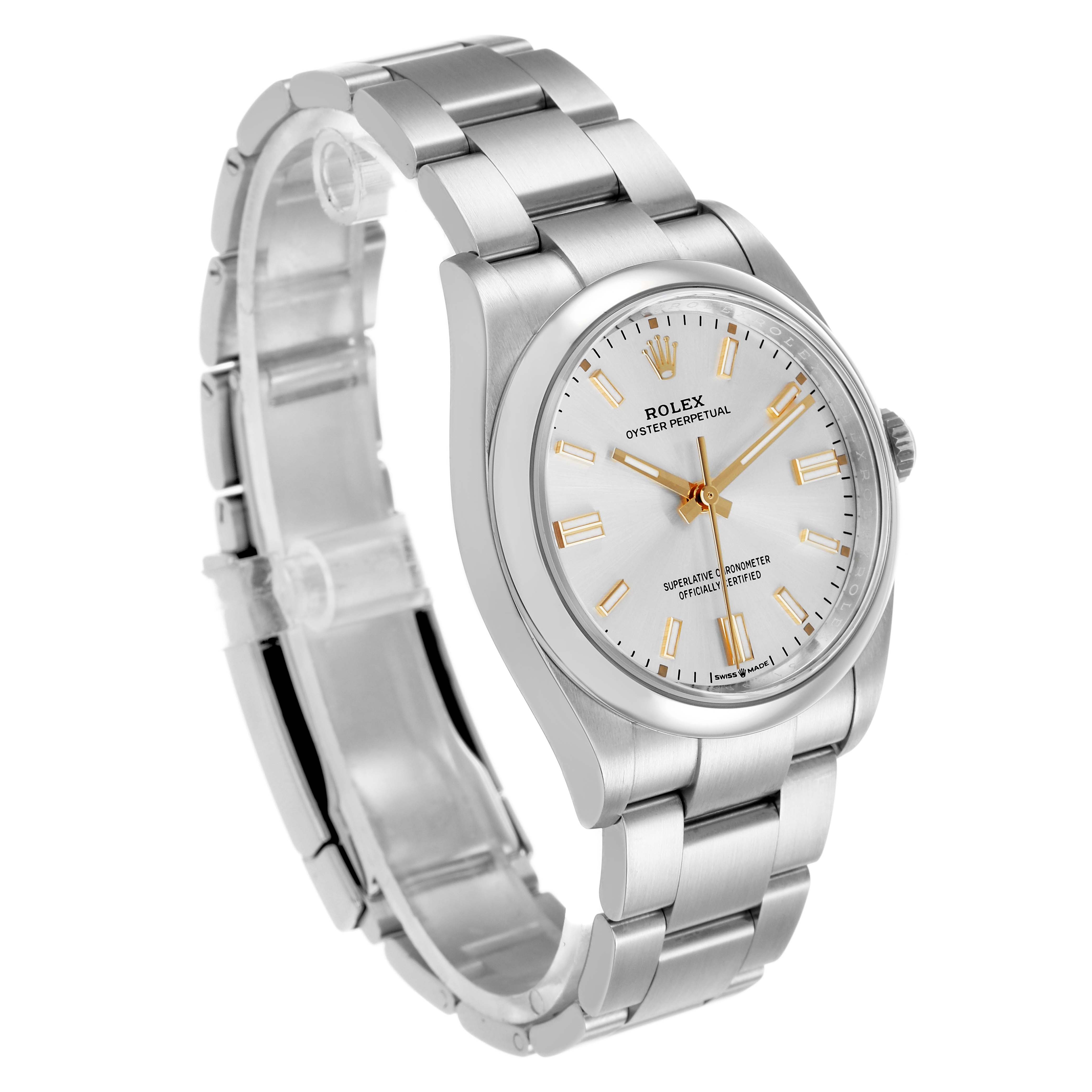 The Rolex Oyster Perpetual 126000 Men's Stainless Steel Silver Dial watch is shown at a three-quarter angle, displaying the face, bezel, and bracelet.