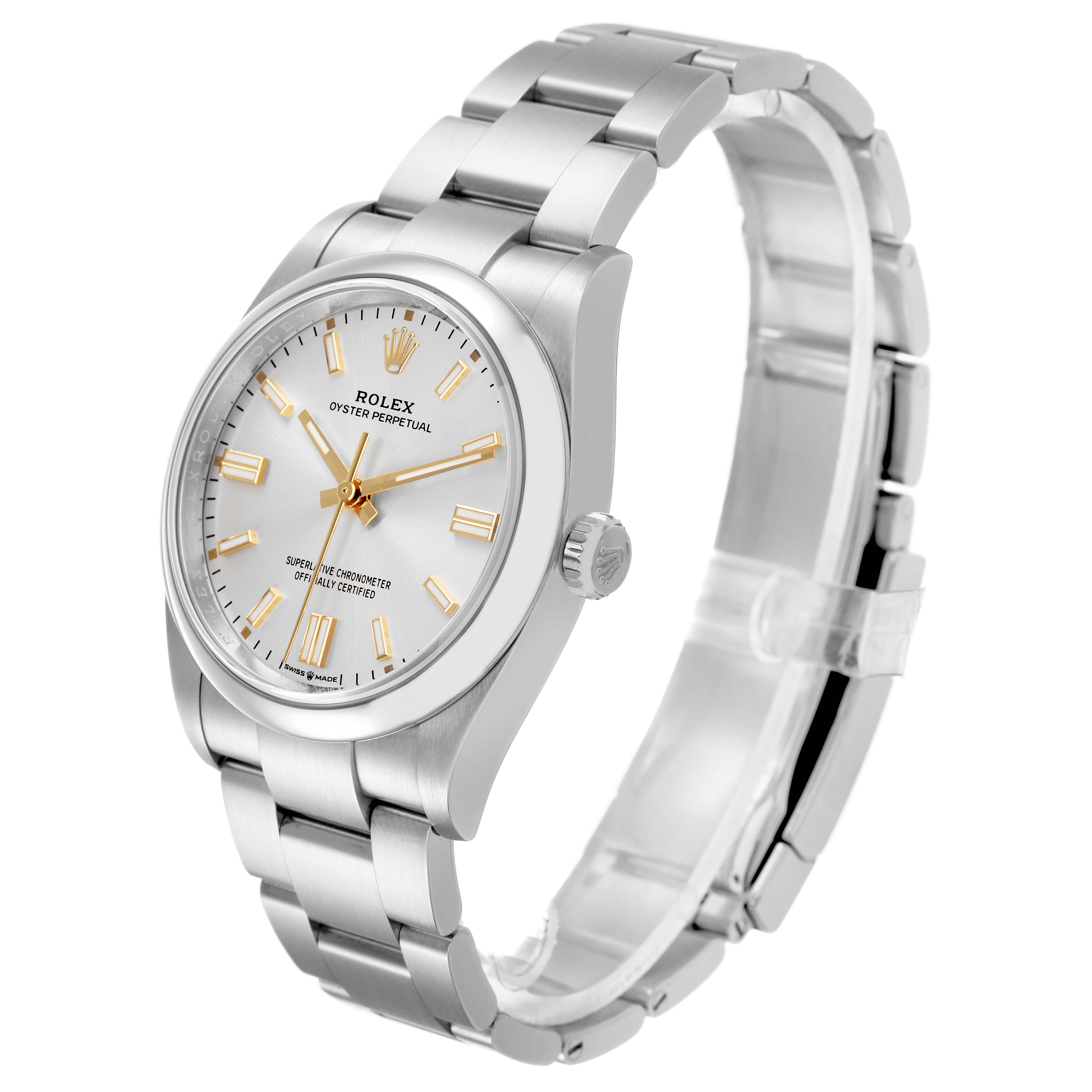 The Rolex Oyster Perpetual 126000 Men's Stainless Steel Silver Dial watch is shown at an angled view, displaying the dial, bezel, and bracelet.
