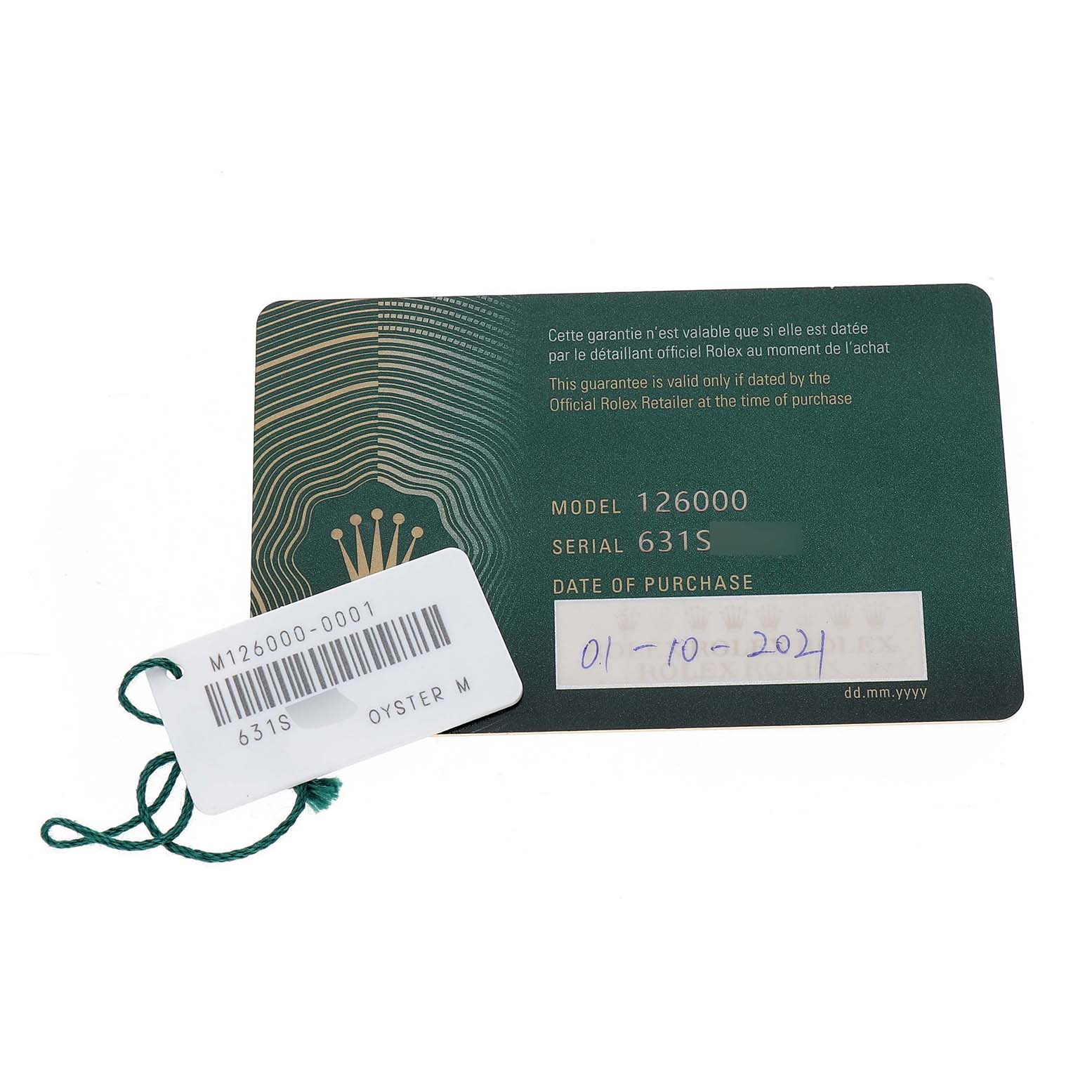 The image shows a warranty card and tag for a Rolex Oyster Perpetual 126000 Men's Stainless Steel Silver Dial model 126000, including purchase details.